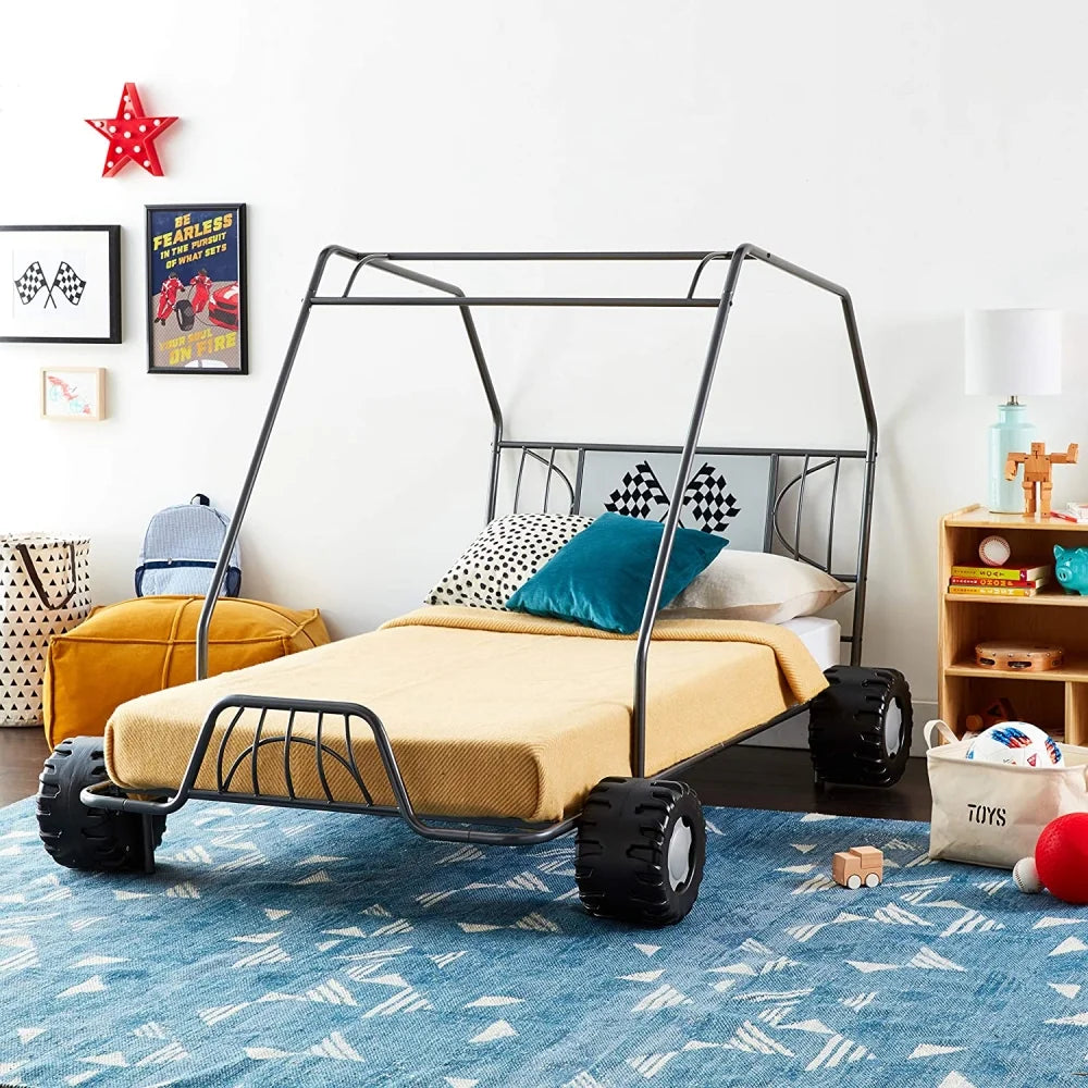 Twin Size Car-Shaped Bed for Kids, Metal Bed Frame Canopy Bed with Wheels and Racing Flag Decor Headboard for Boys Girls Bedroom, Black, 84''L X 56''W X 51''H