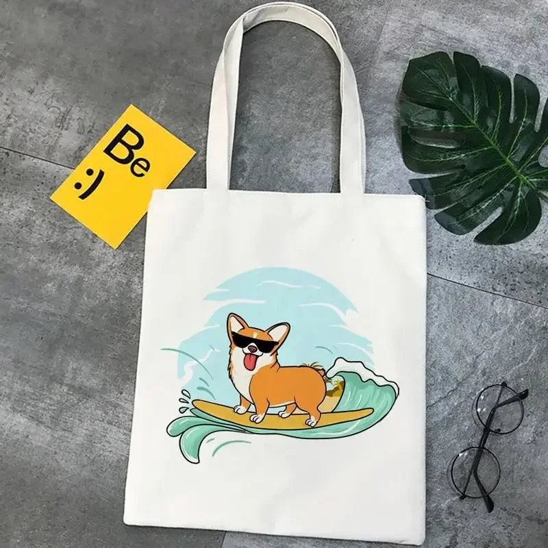 Corgi Dog Cartoon Funny Shopping Bag Graphic Tote Handbag Harajuku Shopper Bag for Women Eco Large-Capacity Female Shoulder Bag