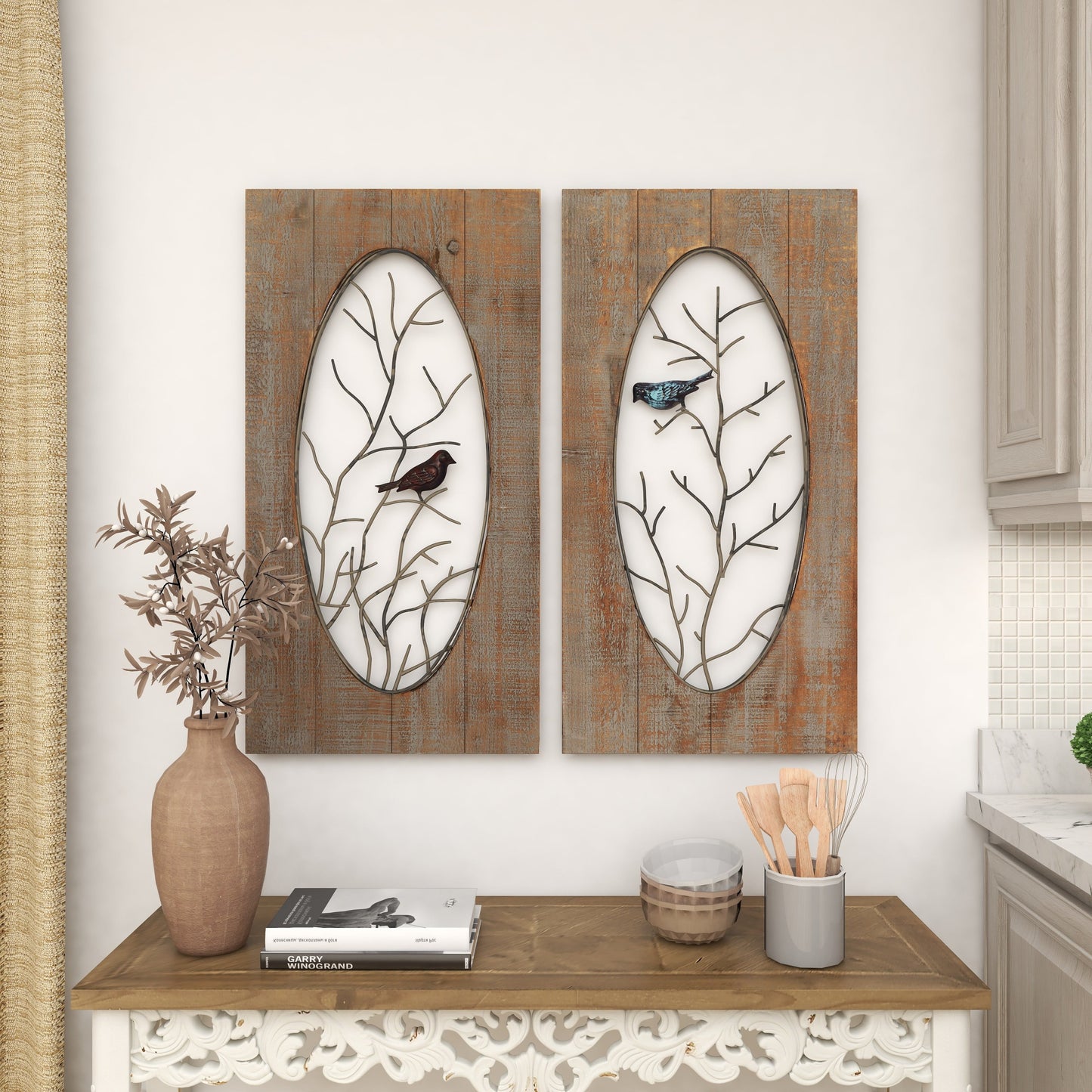 Brown Wood Bird Wall Decor with Tree Branches (2 Count)