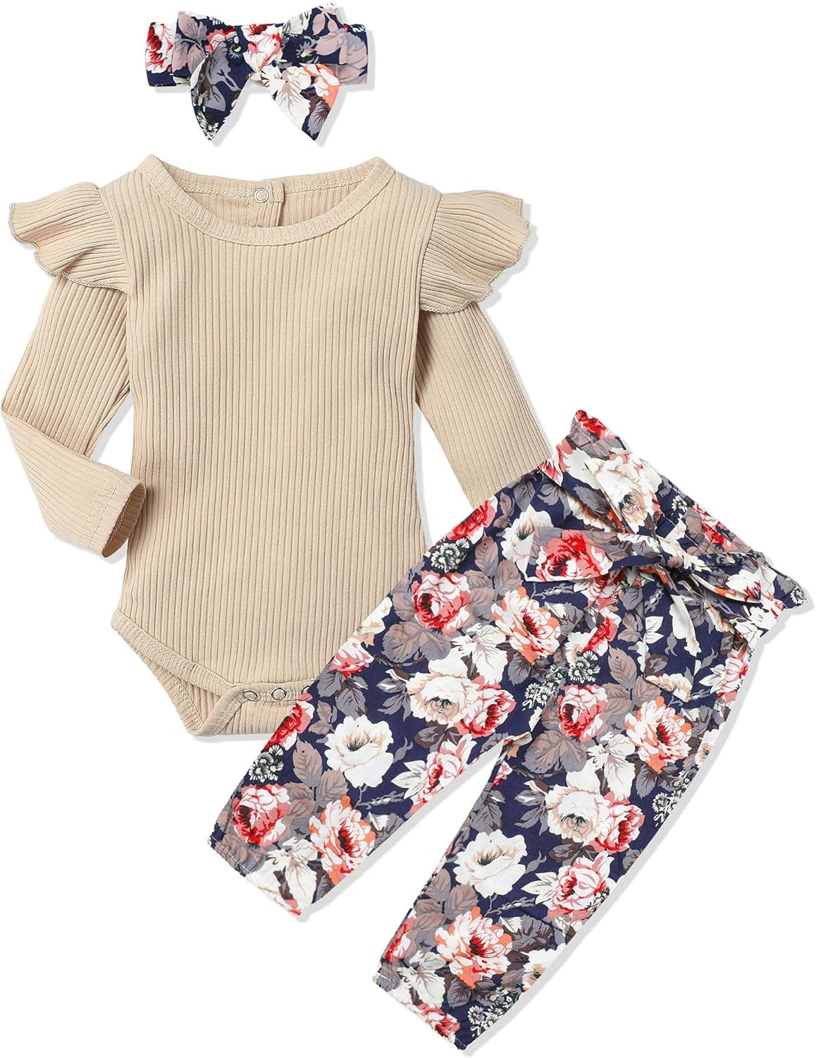 Newborn Baby Girl Clothes Ribbed Ruffle Sleeve Romper + Floral Pants + Headband Cute Infant Baby Girl Outfit 3Pcs