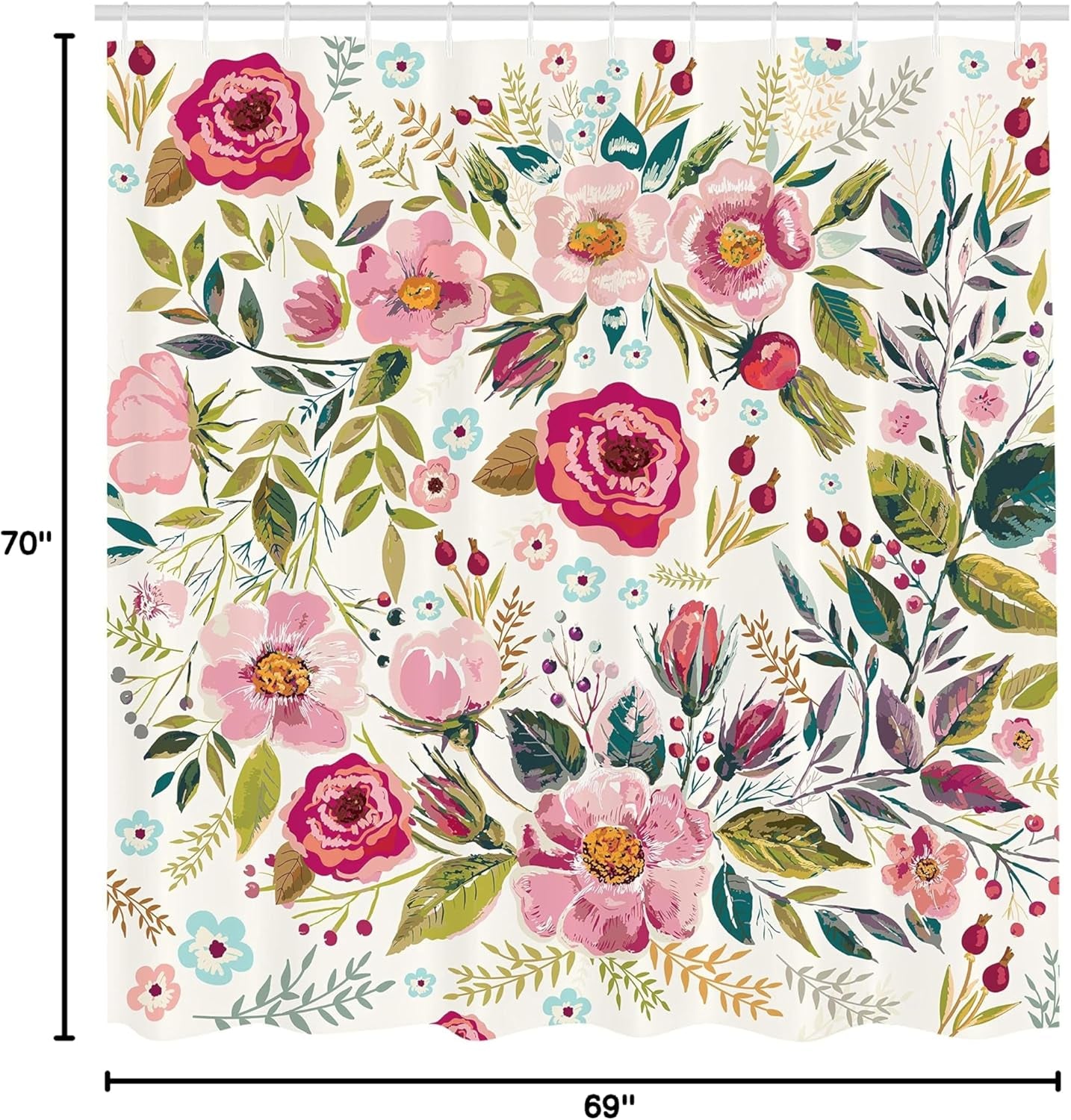 Floral Shower Curtain, Shabby Form Flowers Roses Petals Dots Leaves Buds Spring Season Theme Image, Cloth Fabric Bathroom Decor Set with Hooks, 69" W X 70" L, Magenta