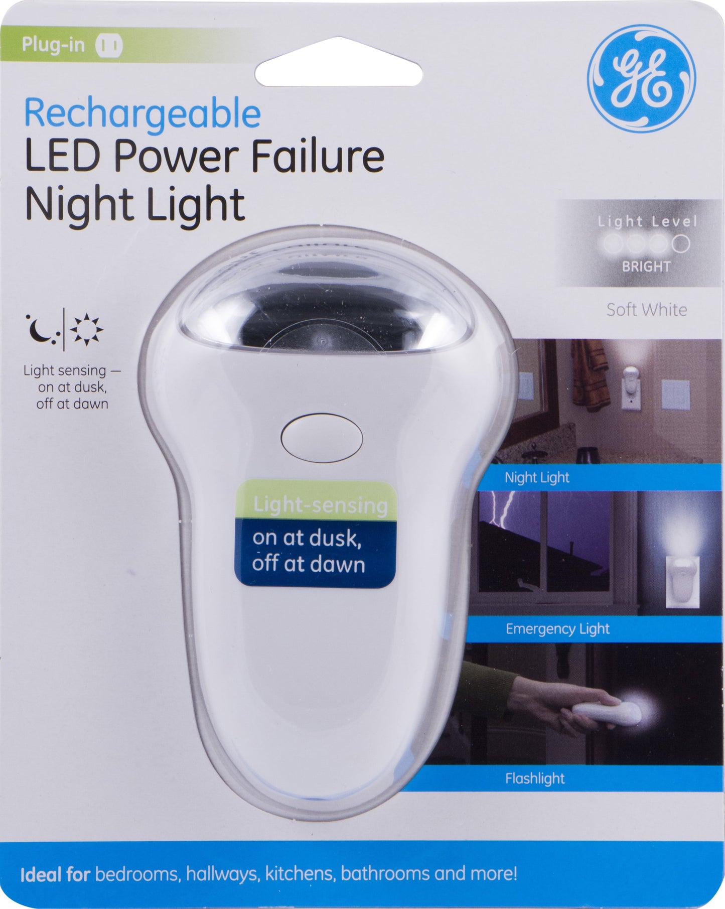 GE 3-In-1 Rechargeable LED Power Failure Night Light, Plug-In, Auto, On/Off, White, 11281