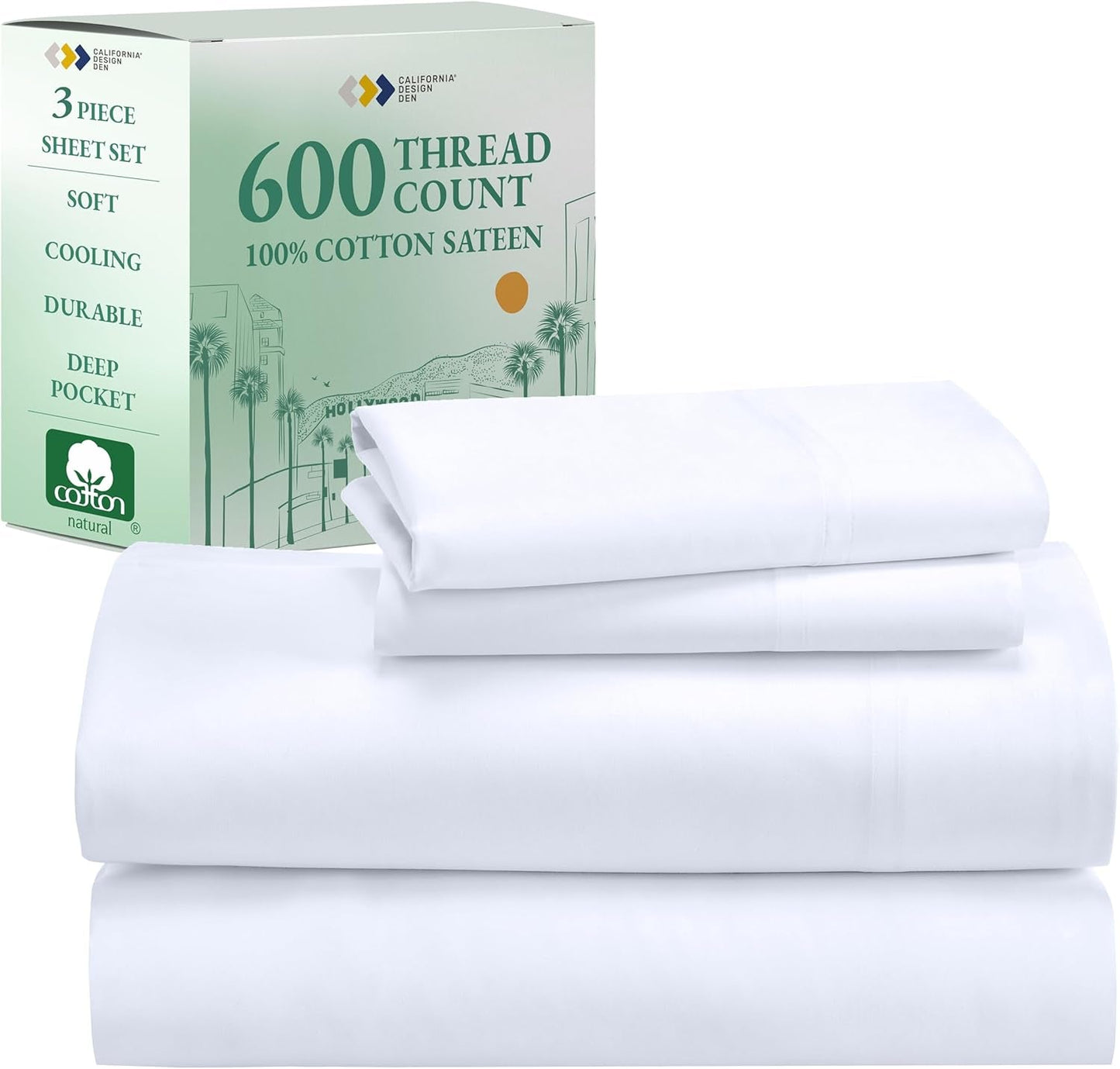 Luxury Twin XL Sheet Set - 100% Cotton, 600 Thread Count Deep Pocket XL Twin Sheets, Soft Hotel-Quality Bedding with Sateen Weave - Bright White