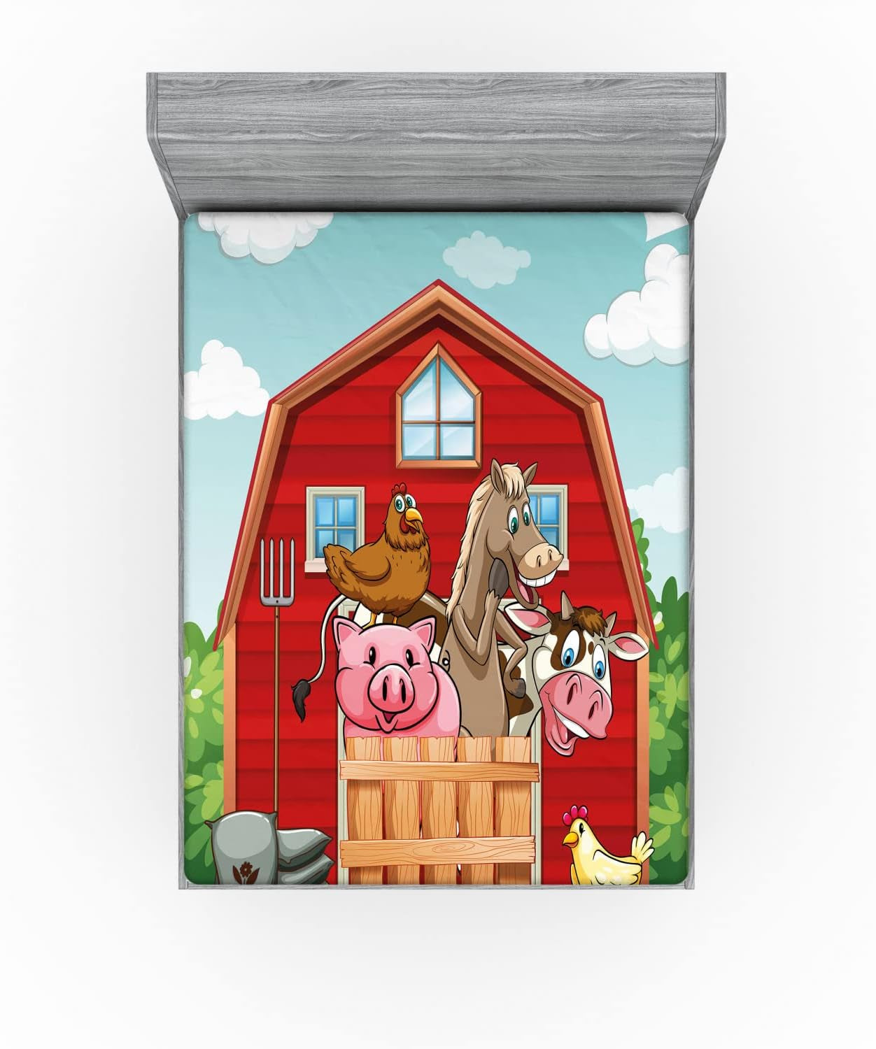 Cartoon Fitted Sheet, Happy Farm Animals Living in Barnhouse Chicken Domestic Rural, Bed Cover with All-Round Elastic Deep Pocket for Comfort, Full Size, Fern Green Seafoam Rust