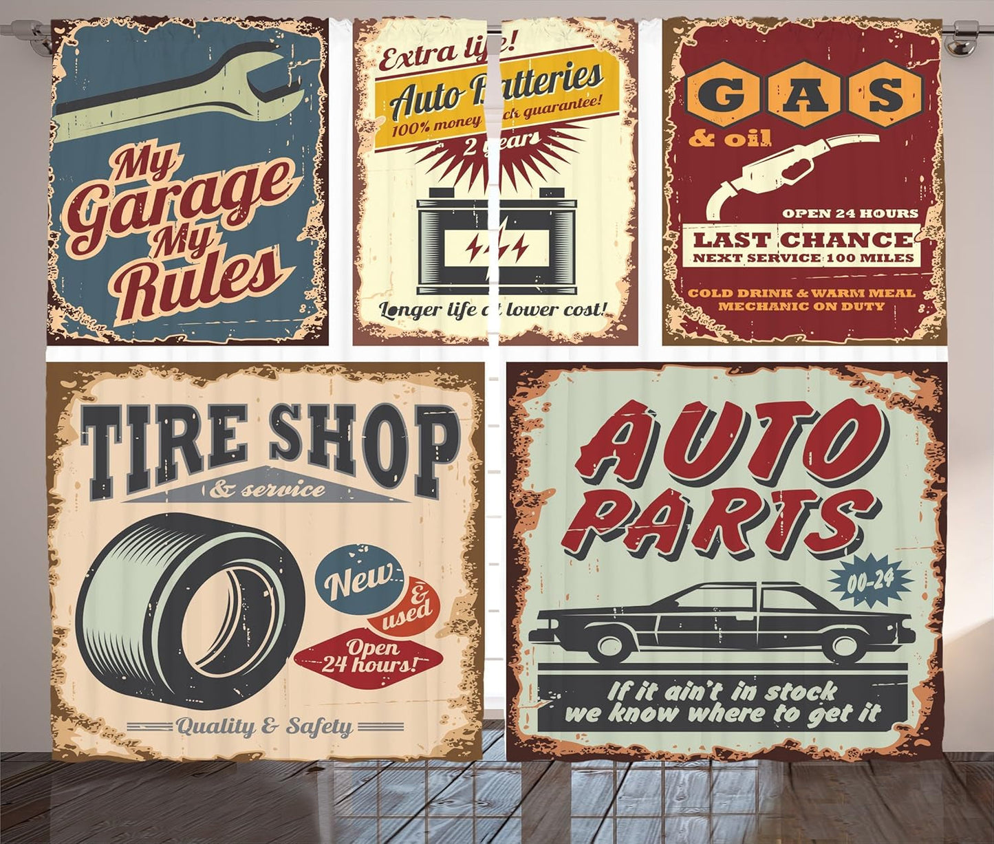 1950S Curtains, Vintage Car Signs Automobile Advertising Repair Vehicle Garage Classics Servicing, Living Room Bedroom Window Drapes 2 Panel Set, 108" X 84", Burgundy