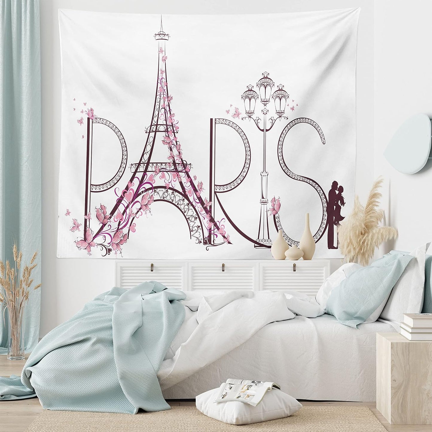 Paris Tapestry King Size, Tower Eiffel Lettering Couple Trip Flowers Floral Design European Print, Wall Hanging Bedspread Bed Cover Wall Decor, King Size, Pink Plum