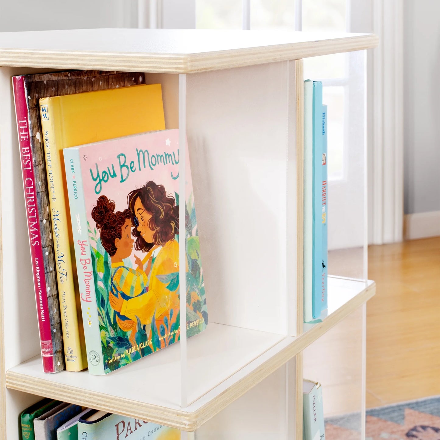 Edq Rotating 3 Tier Book Display - White: round Wooden Spinning Bookshelf Storage with Acrylic Shelves for Kids' Books