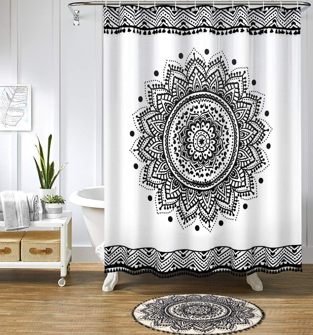 Small round Rug 2’ Boho Beige and Black Bathroom Rug with Pom Poms Fringe Washable Mandala Circle Shower Mat Soft Non-Slip Cute Circular Throw Rug for Sink Powder Room Kids Room Nursery
