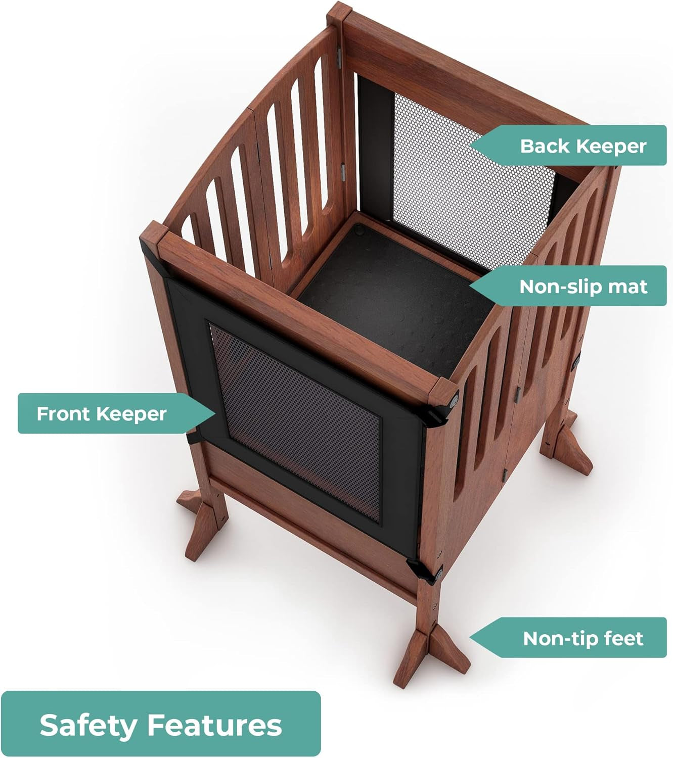 Contemporary Kitchen Helper® Stool with 2 Keepers - Walnut: Adjustable Height Wooden Counter Step Stool for Toddlers
