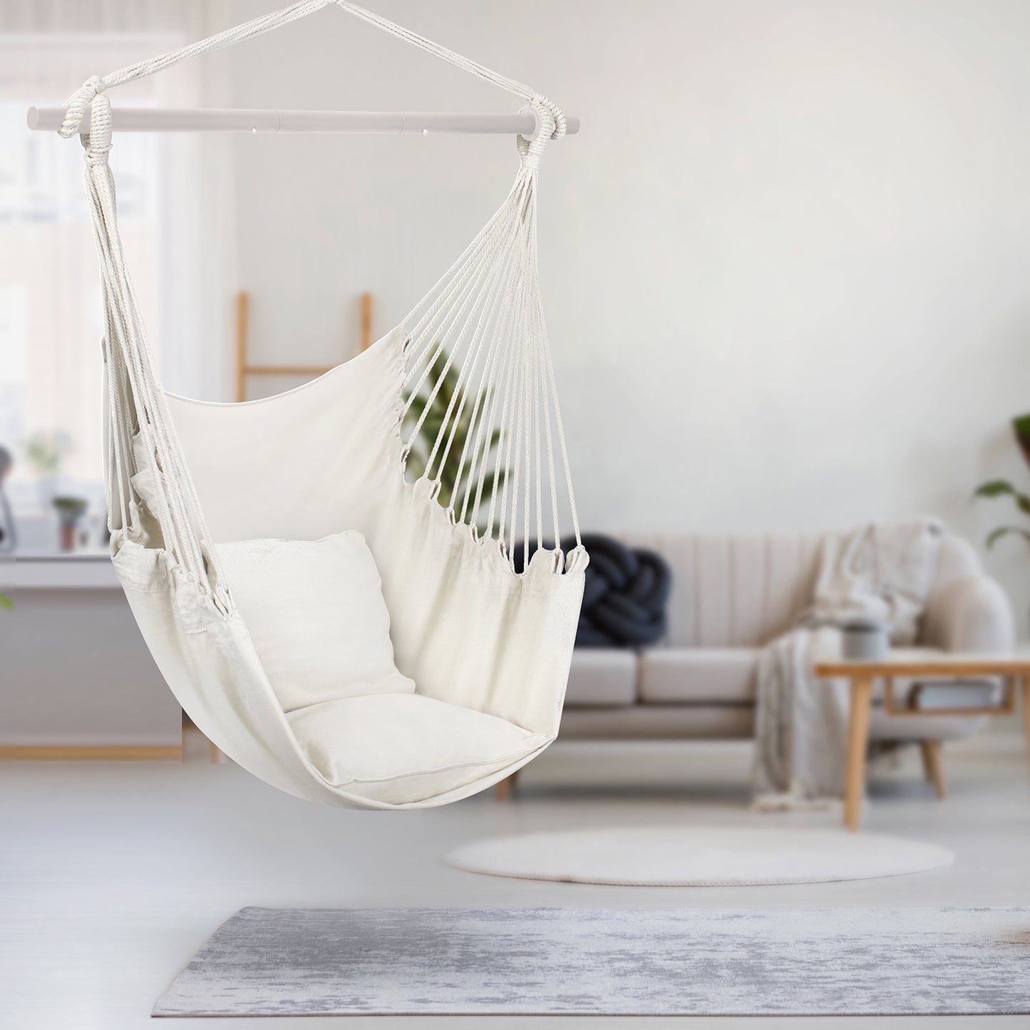 Hanging Rope Hammock Chair Swing Seat for Any Indoor or Outdoor Spaces- Max. 265 Lbs -2 Seat Cushions Included (Large, White)