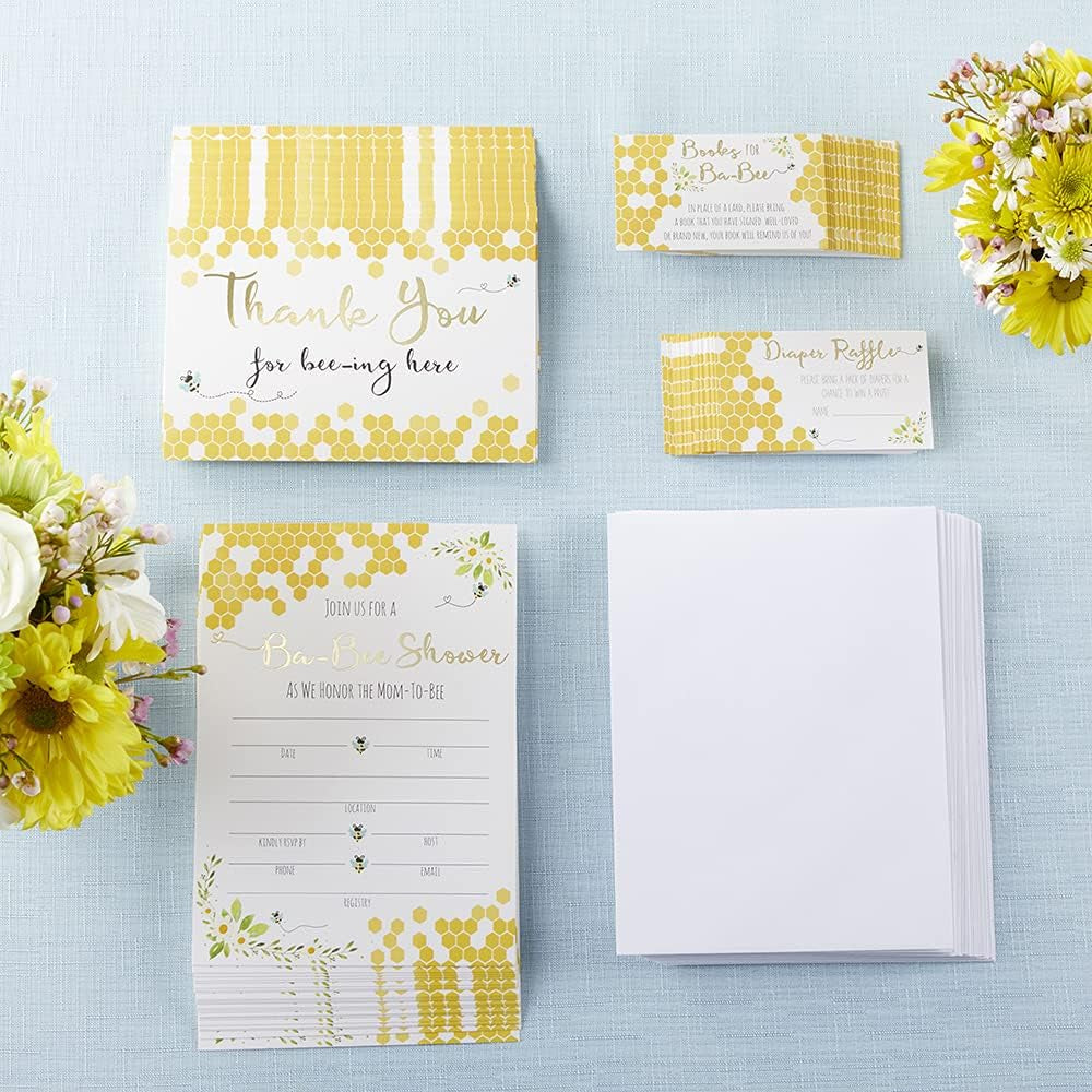 Sweet as Can Bee Baby Shower Invitation & Thank You Card Bundle (Set of 25), Invitations, Envelopes, Thank You Post Cards, Diaper Raffle Cards, Books for Baby Cards