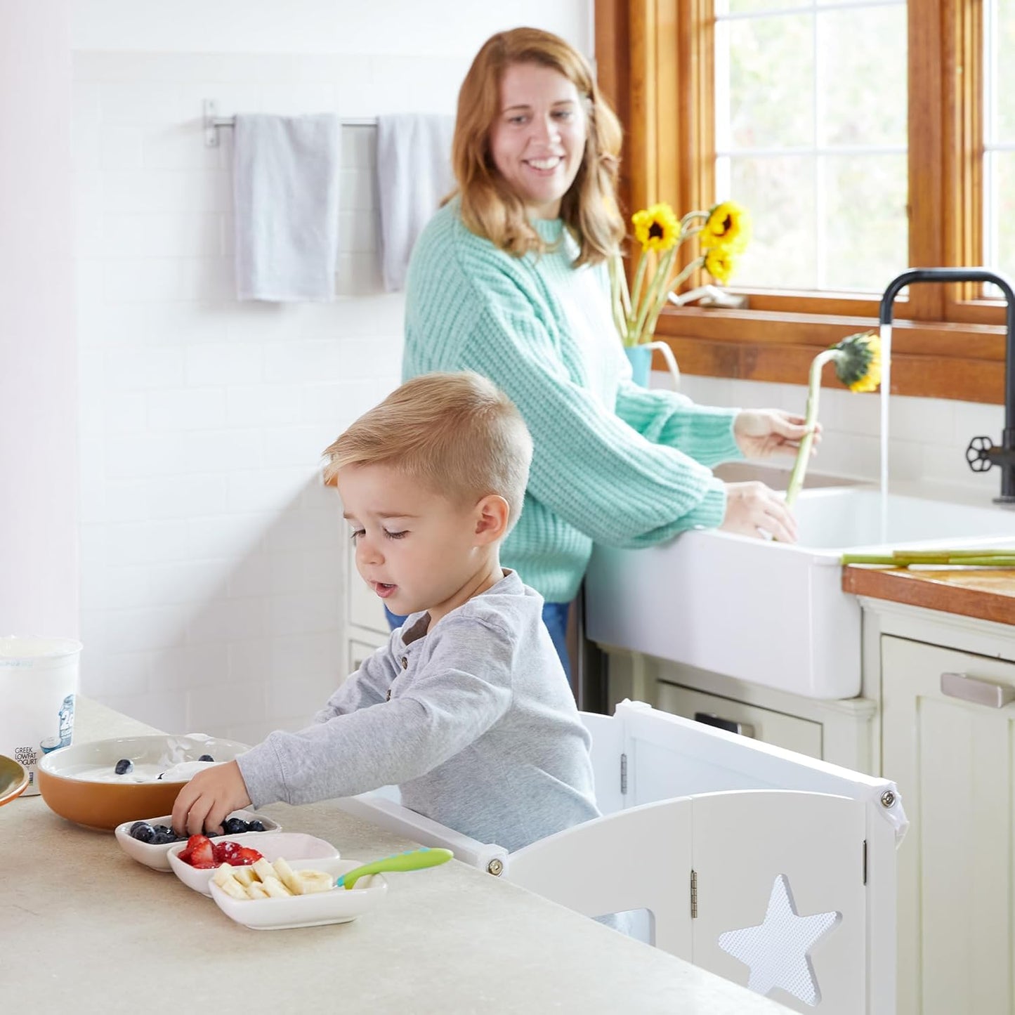 Classic Kitchen Helper® Stool - White with Keepers and Non-Slip Mat: Foldable, Adjustable Height Safety Cooking Tower for Toddlers with Chalkboard | Kids Learning Platform