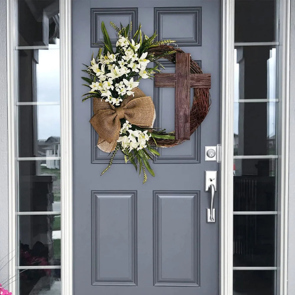 Easter Wreath with Cross Burlap Bow Rustic Grapevine Wreath Spring Decorating Farmhouse Decor Wall Home Decor Gift DIY Easter Front Door Wreath Decoration