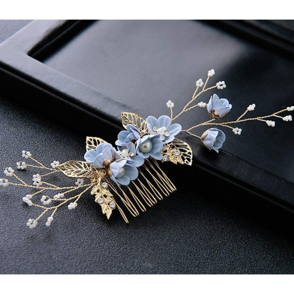 4Pcs Blue Wedding Hair Piece Blue Hair Accessories Hairpins Set, Decorative Pearl Comb, Flower Bridal Hair Set, Hair Accessories for Brides Girls Hair Combs Hair Jewelry