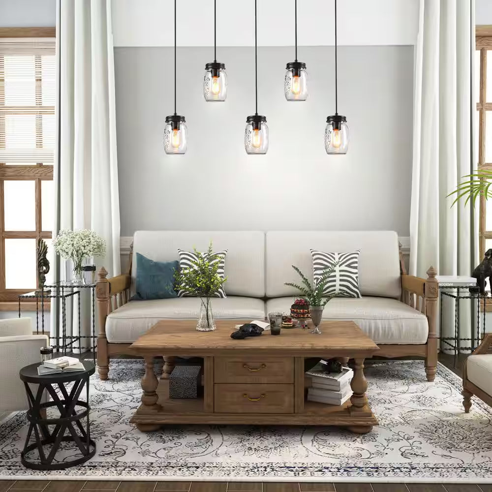 Modern Farmhouse 33 In. Wood DIY Linear Cluster Chandelier 5-Light Dark Brown Island Pendant with Rustic Mason Jar Shade