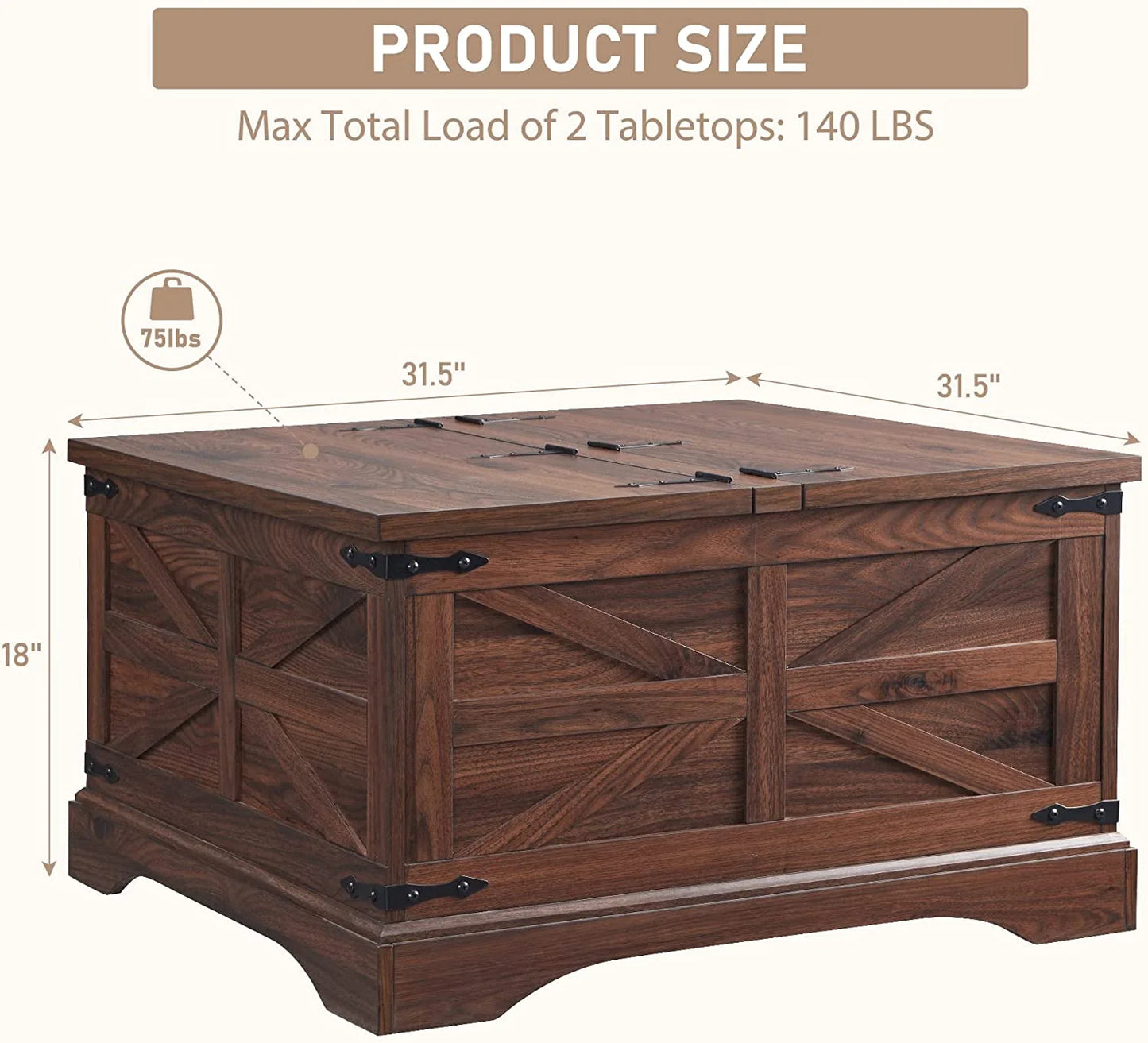 Farmhouse Coffee Table with Storage and Lift Top, Square Wood Center for Living Room, Brown