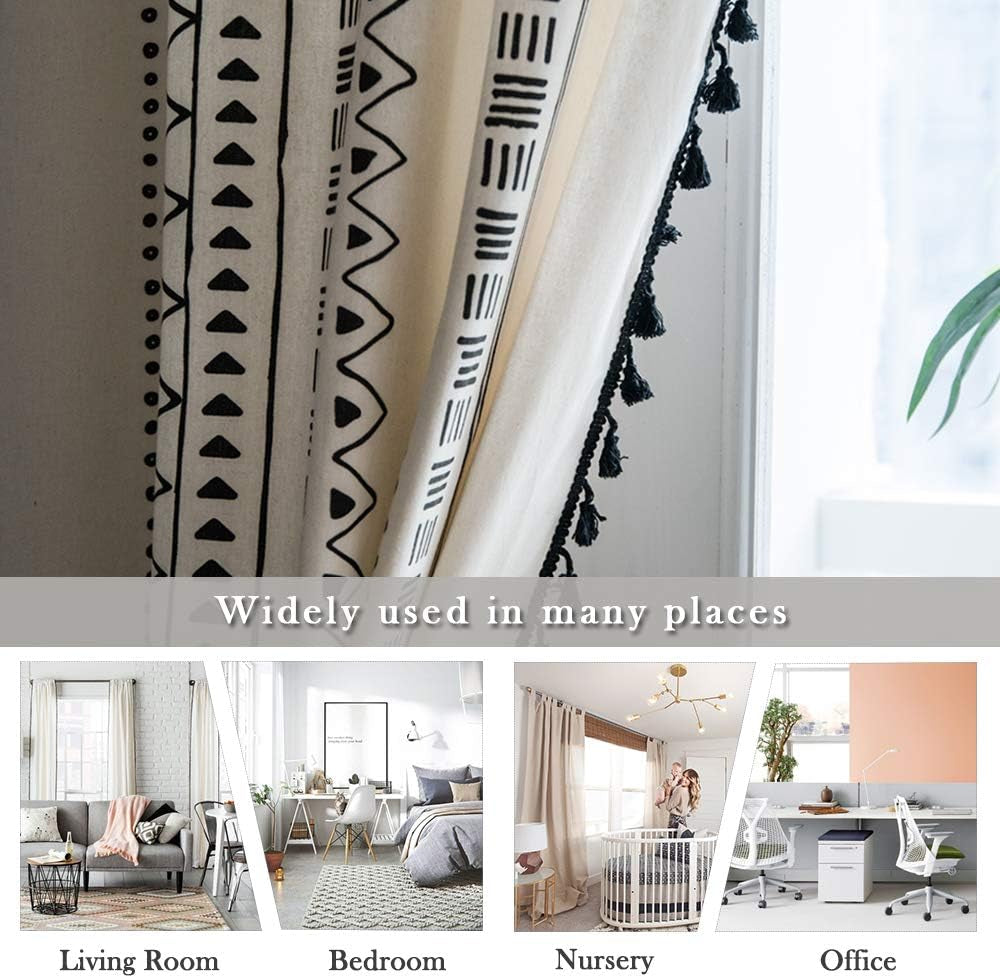 Boho Curtains 2 Panels, Black and White Living Room Curtains 63 Inch Length, Farmhouse Geometric Tassels Rod Pocket Window Drapes for Kitchen Dining Room