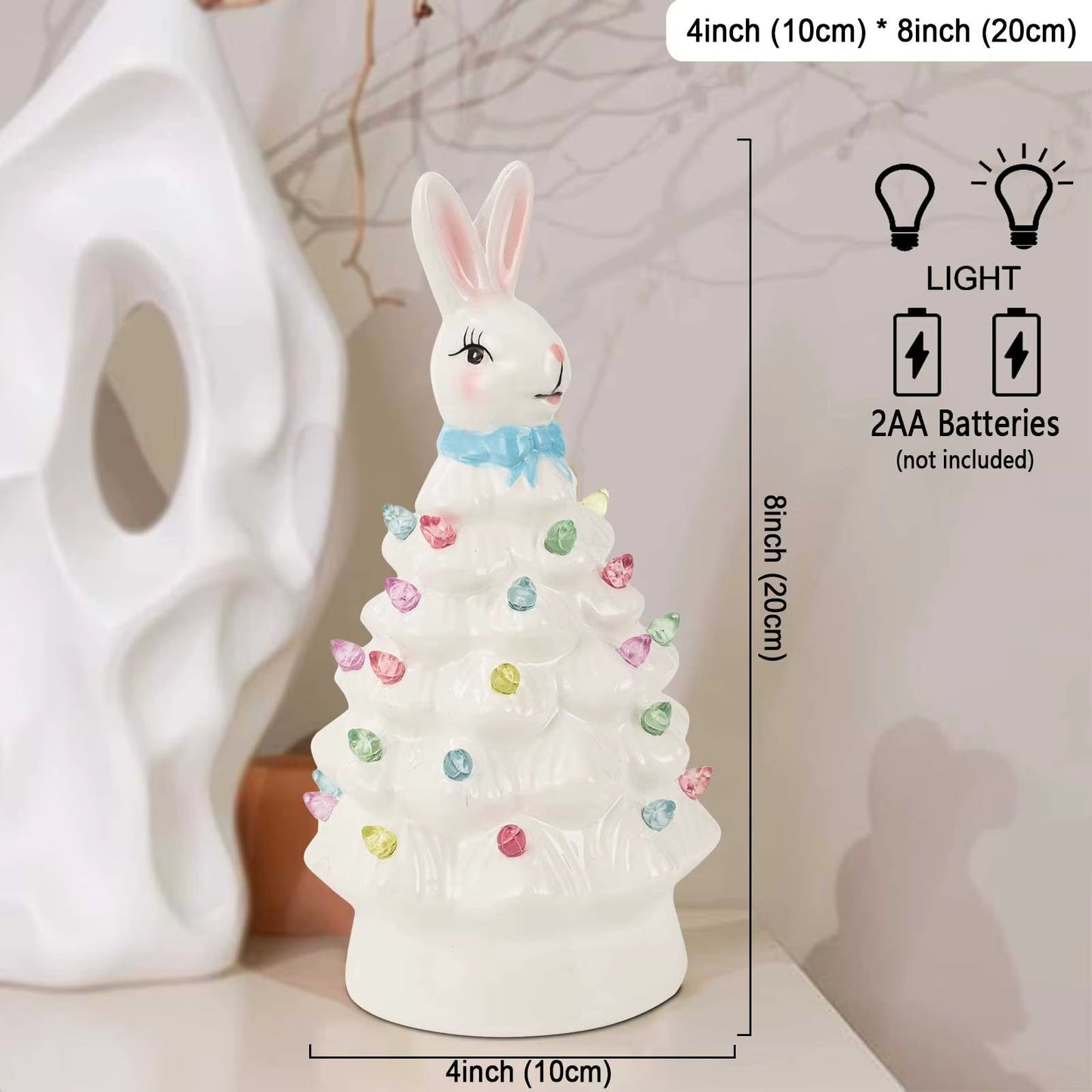 Ceramic Easter Bunny Tree Decoration with LED Lights Holiday Collectible Figurines Fireplace Table Farmhouse Spring Home Decor