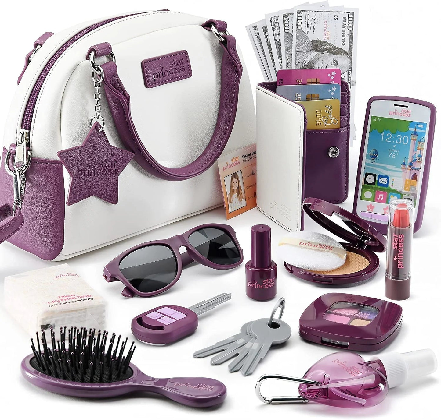 Play Purse for Girls and Toddlers - Realistic Purse and Complete Set of Pretend Play Accessories Including Toy Phone, Wallet, Credit Cards, Keys, Makeup for Role Playing Ages 3 4 5 6 7 8 Years and Up