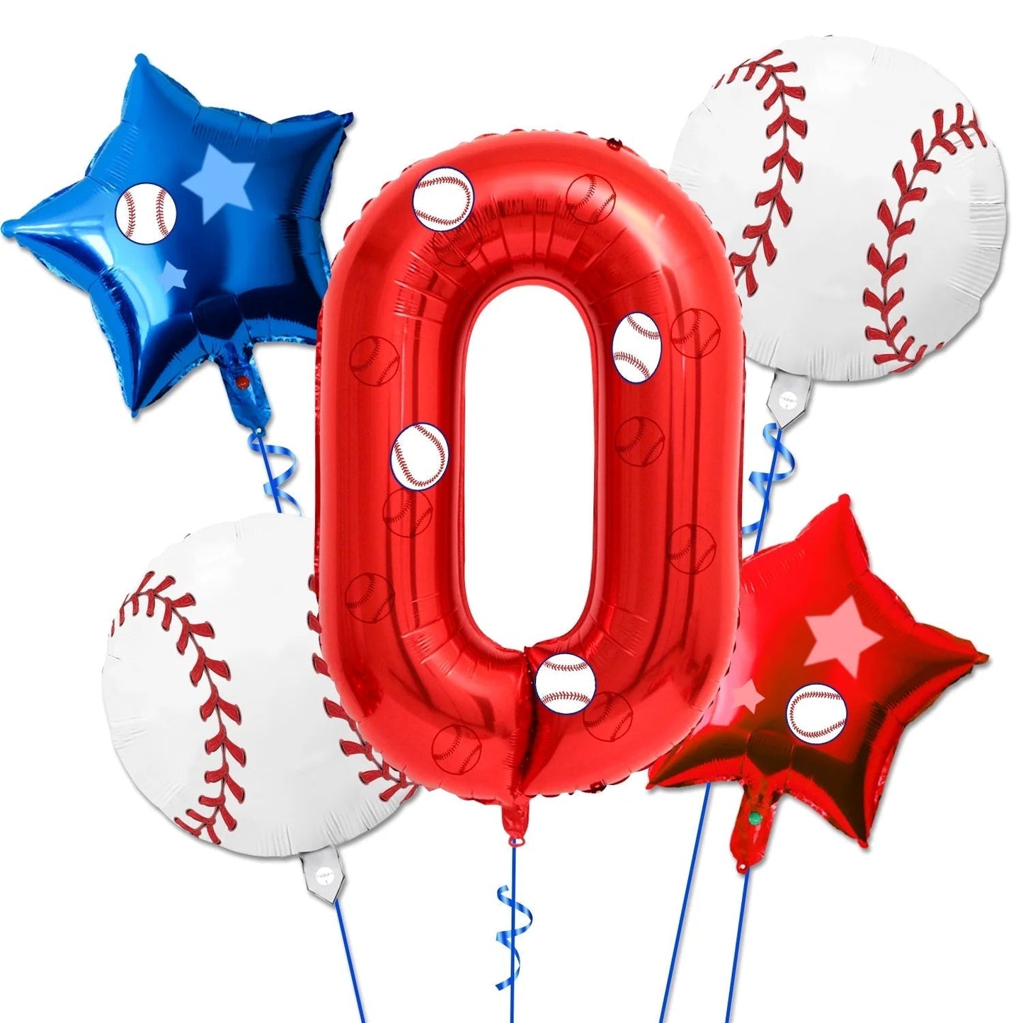 5 Pcs Baseball Balloons Set - Includes Baseball Foil Balloons, Number4 Balloon, Blue Red Star Balloons, Baseball Stickers for Baseball Party Supplies