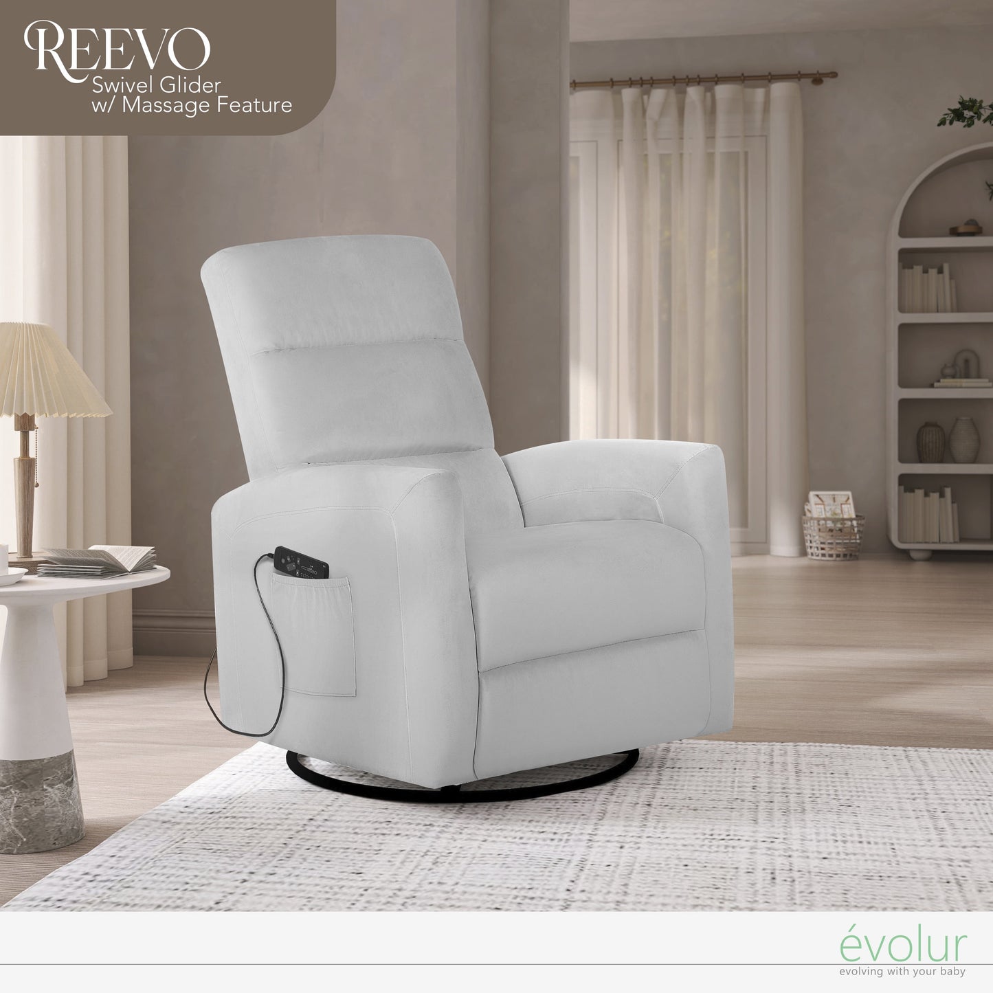 Reevo Upholstered Faux Leather Seating Glider Swivel, Rocker, Massager, Glider Chair for Modern Nursery, Misty Grey, Tool-Free Assembly, Easy to Clean, Environmentally Conscious Rocker