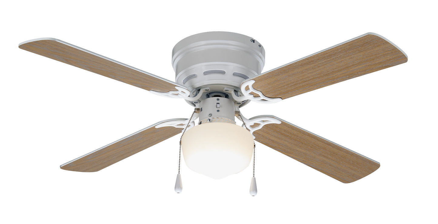 42 Inch Hugger Metal Indoor Ceiling Fan with Light, White, 4 Blades, LED Bulb, Reverse Airflow