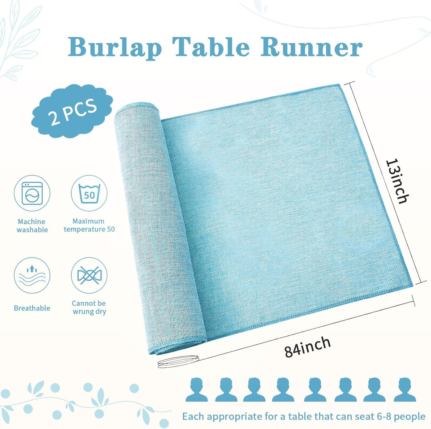 Burlap Table Runner Baby Blue Party Table Runners 2 Pack 13X84 Inch Farmhouse Spring Table Linen for Family Dining Ceremony Table Decoration