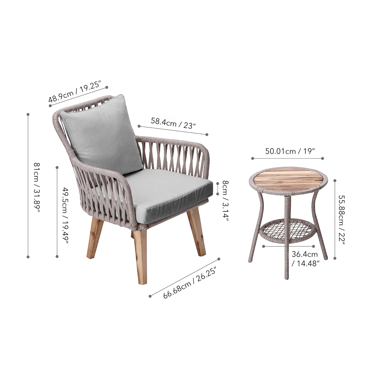 Indoor/Outdoor 3 Piece Wicker Bistro Table and Chairs Patio Seating Set, Tan/Brown