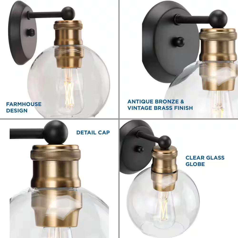 Hansford Collection 1-Light Antique Bronze Clear Glass Coastal Farmhouse Bathroom Vanity Wall Light