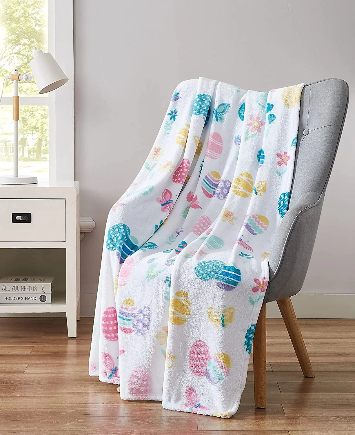 Easter Spring Flowers and Eggs Velvet Fleece Throw Blanket, 50" X 70"