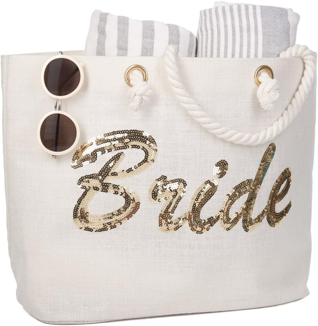 Bride Tote Bag, Jute Silver Sequin Interior Pocket, Wedding Party Honeymoon Gifts for Her