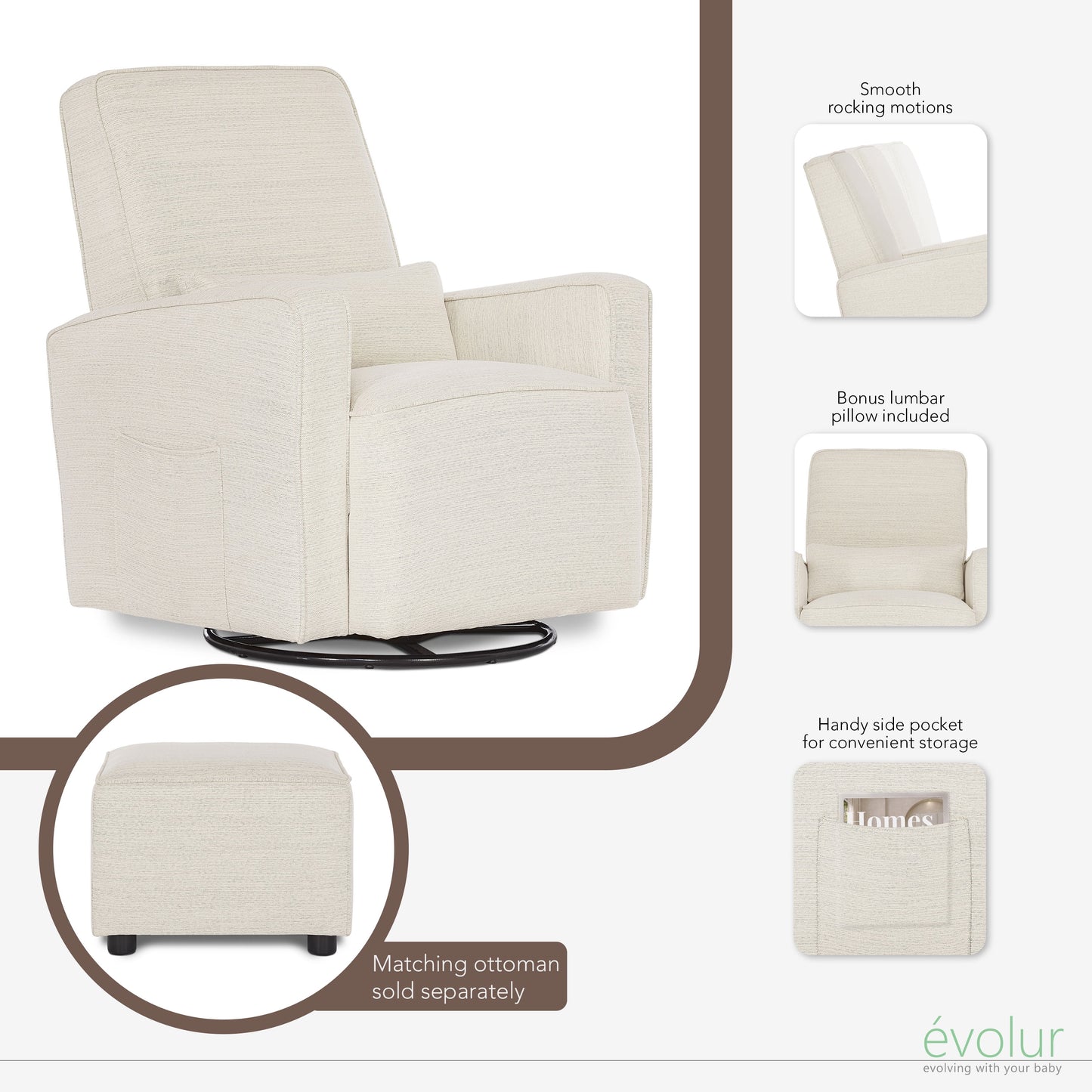 Holland Upholstered Swivel Glider | Rocker I Included Lumbar Pillow I Modern Design, Thunder