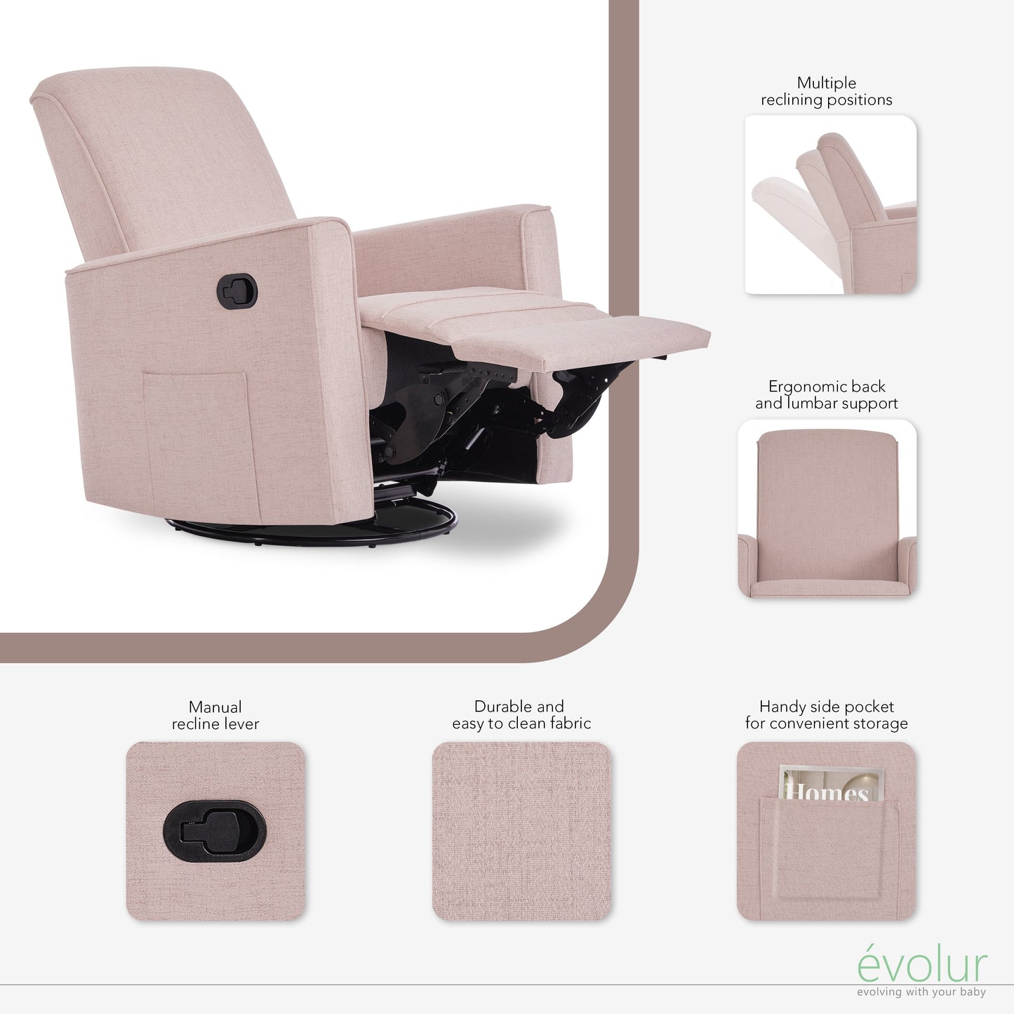 Raleigh Glider Recliner Rose with High Backrest Support, Durable Polyester Fabric