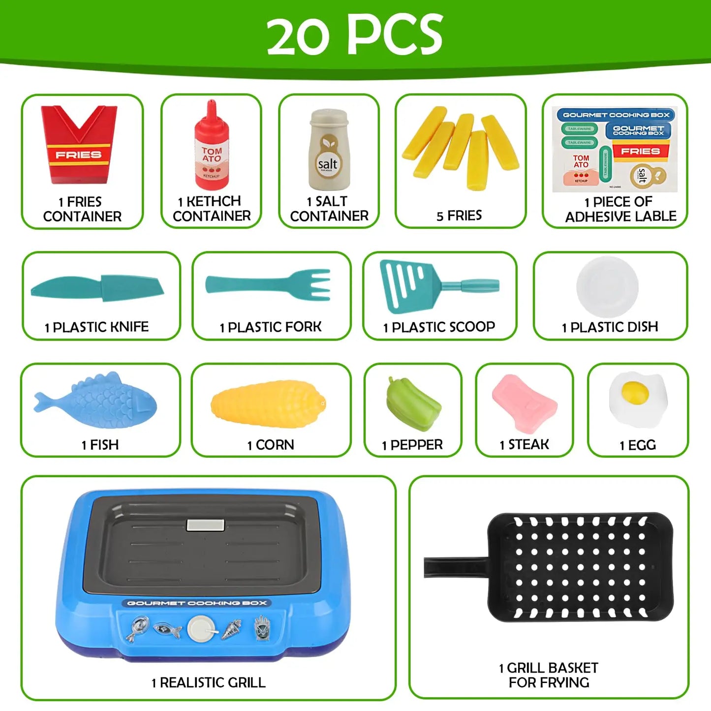 Kitchen Color-Changing Toys Food Gourmet Cooking Box Toy with Light 20PCS Simulation Playset Kitchen Accessories for Kids Gift