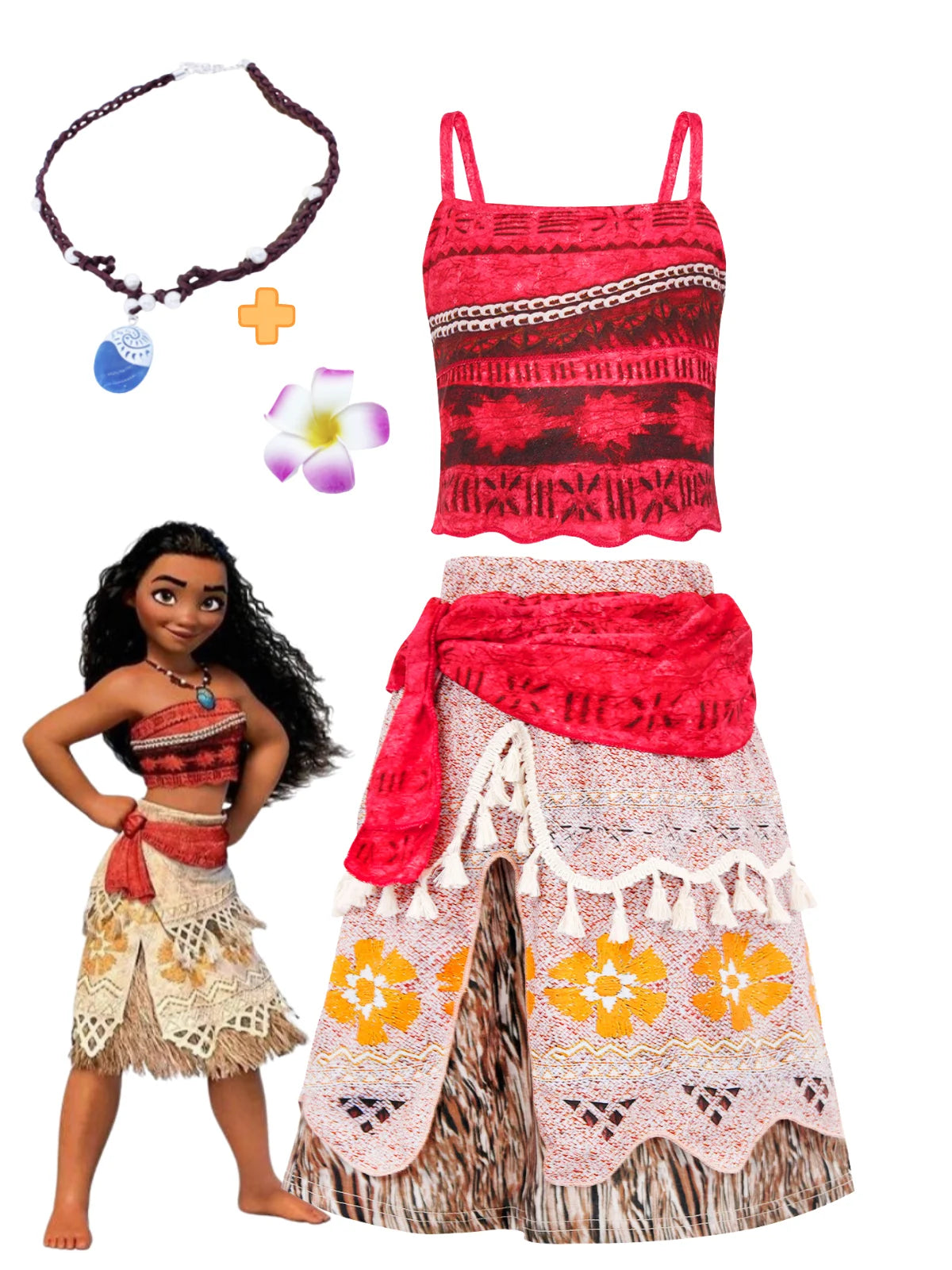 Princess Moana Costume for Girls Adventure Outfit Two-Pieces Crop Top Skirt Set Birthday Party Clothes