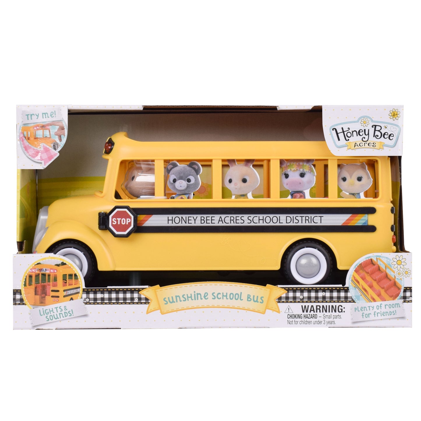 Yellow Sunshine School Bus with Lights & Sounds, Doll Included, Children Ages 3+