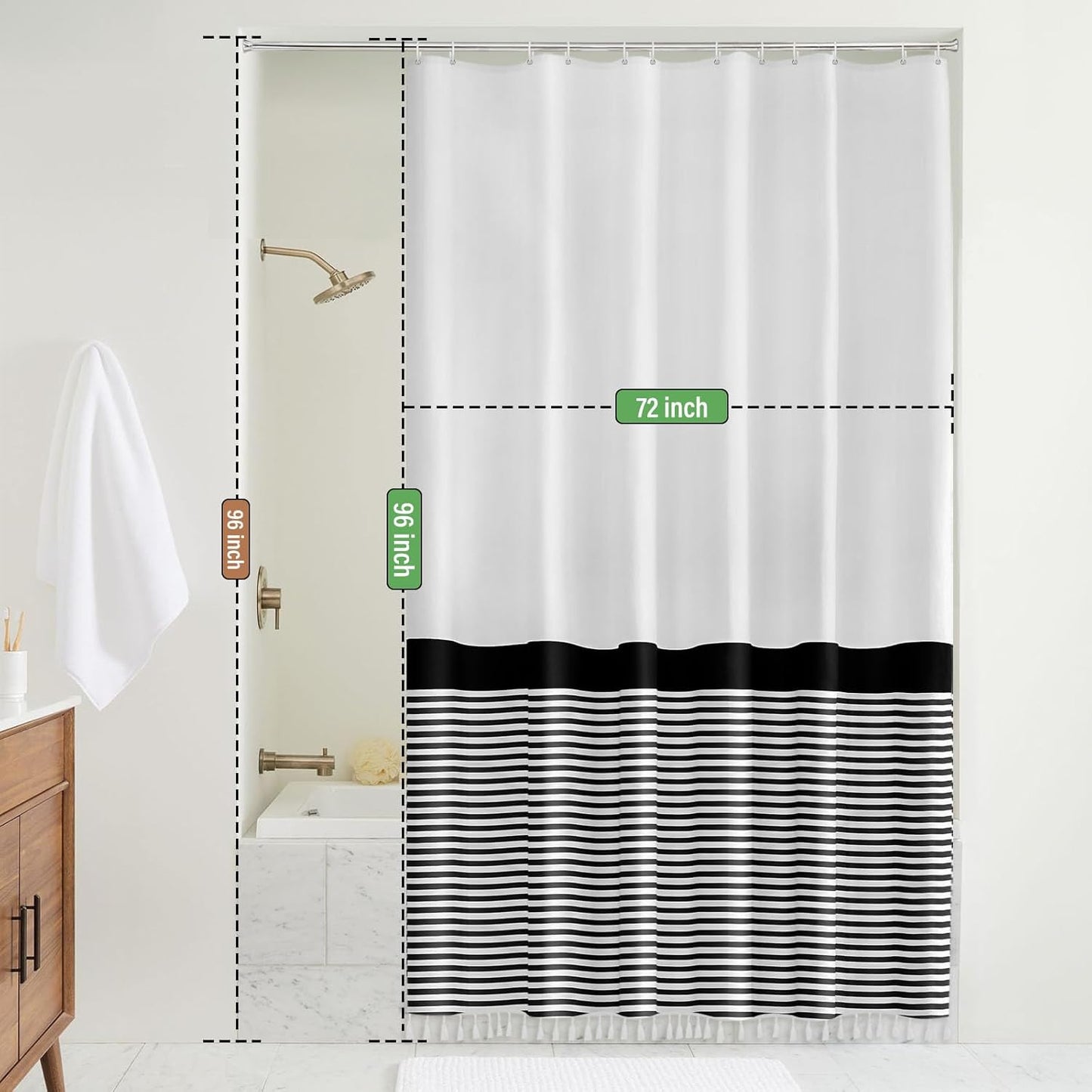 Farmhouse Shower Curtain Tassel,96 Inch Extra Long Black White Striped Bathroom Shower Curtain,72 X 96
