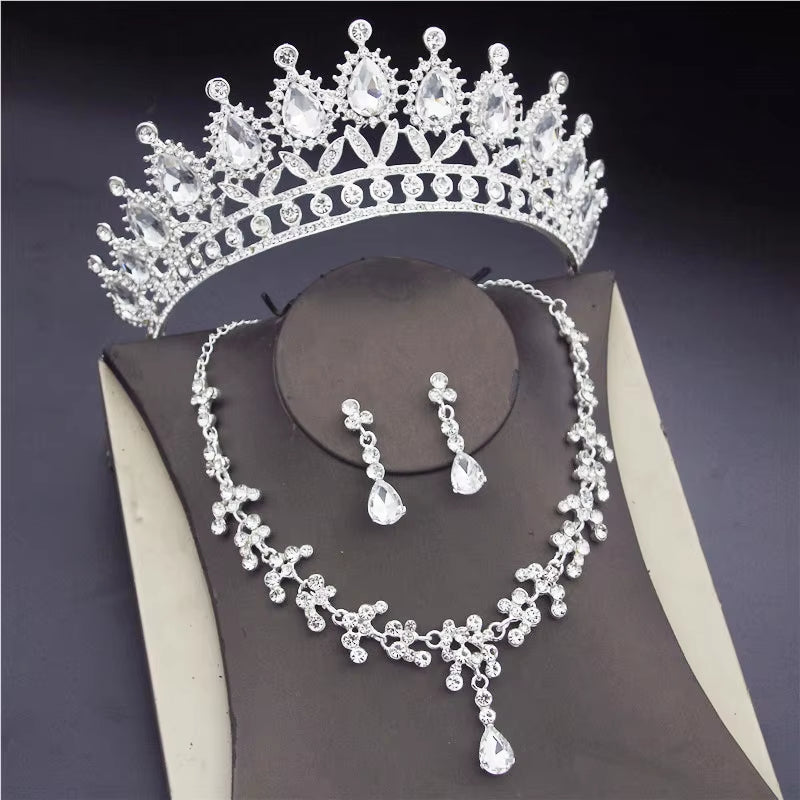 Luxury Crystal Bridal Jewelry Sets for Women Pink Tiaras Necklaces Earrings Set Bride Wedding Dress Birthday Crown Set Accessory