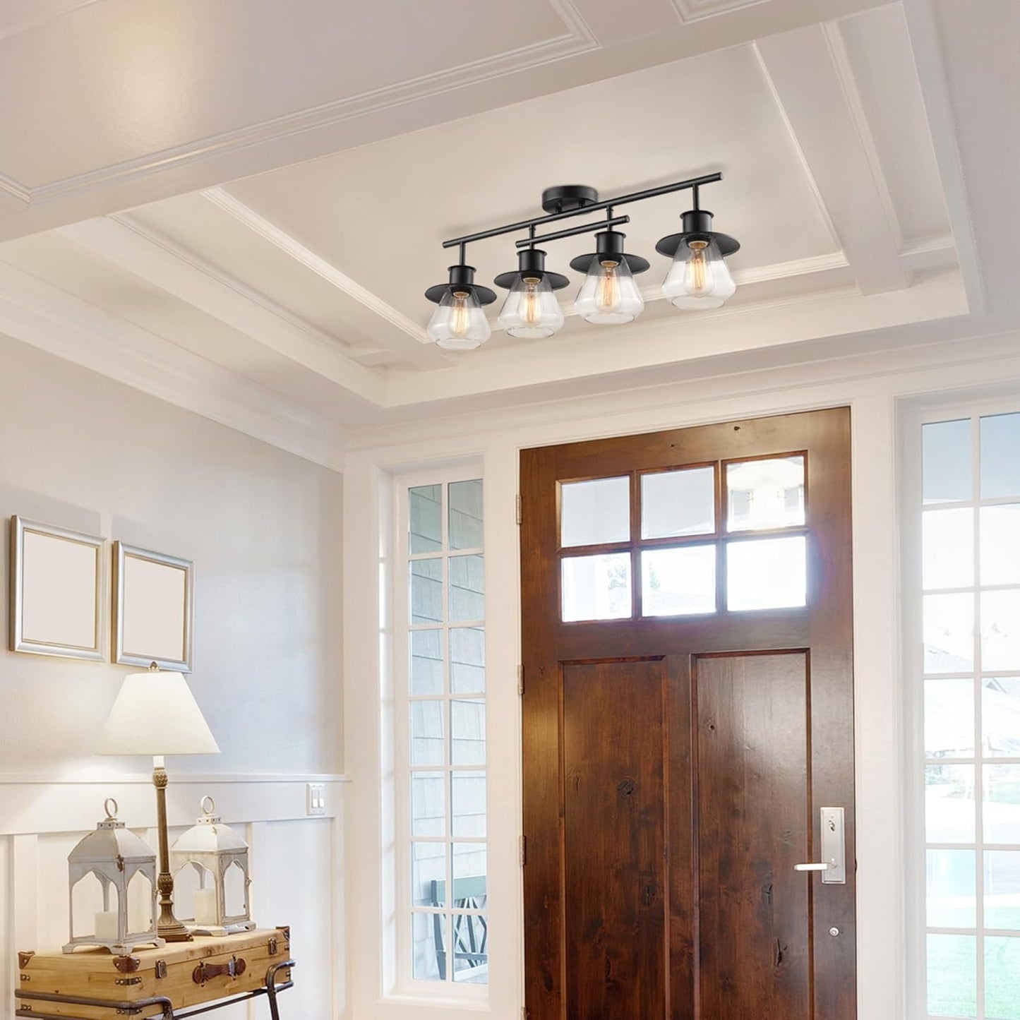 59530 4-Light Complete Track Lighting Kit, Dark Bronze, Clear Glass Bell Shaped Shades, Ceiling Light Fixture, Ideal for Kitchen and Dining Room, LED Bulb Compatible