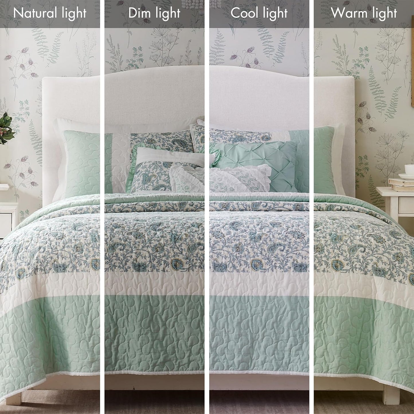 100% Cotton Quilt Set Floral Print, Double Sided Stitching, All Season, Lightweight Coverlet Shabby Chic Bedding Layer, Matching Shams, King/Cal King, Light Teal 6 Piece , Aqua