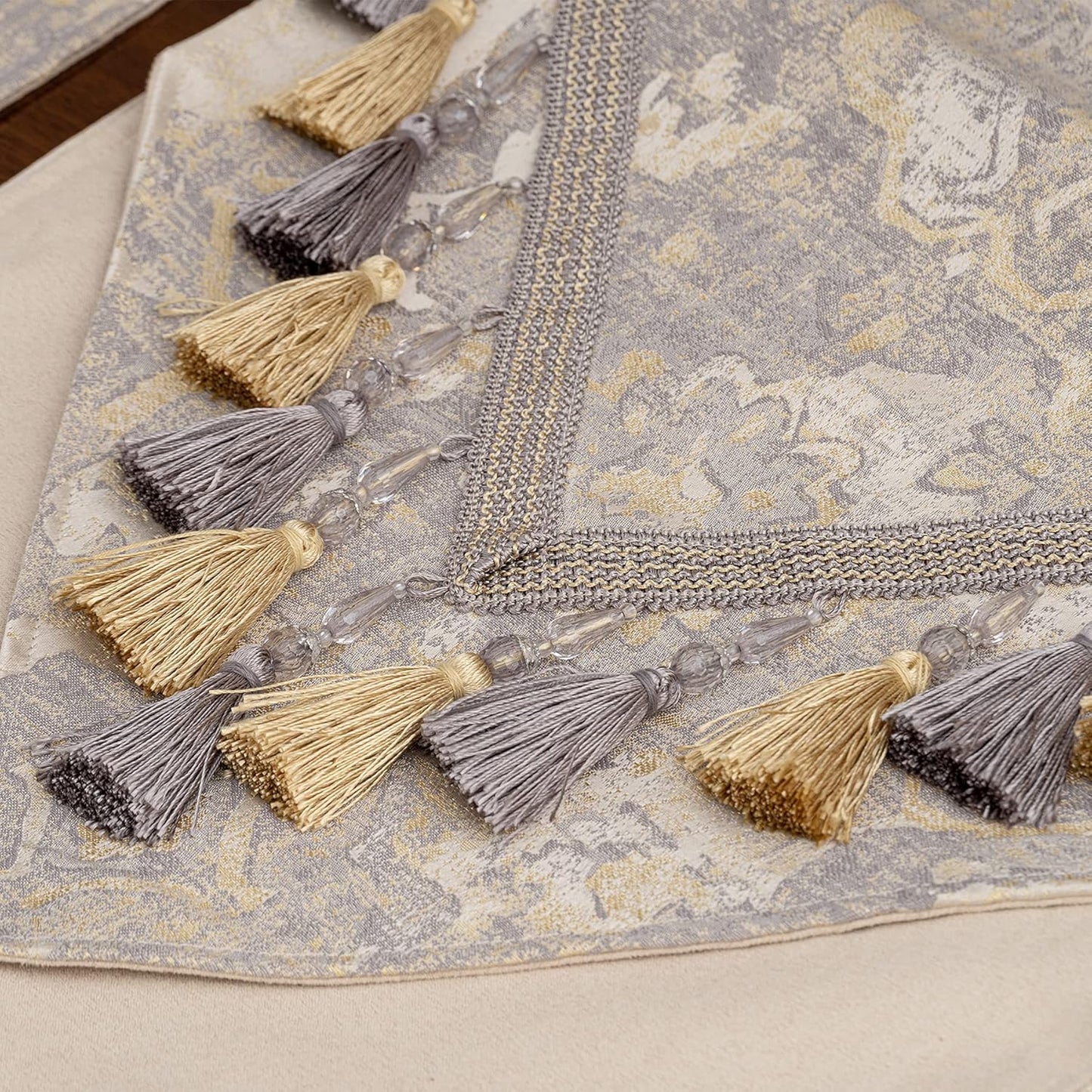 Luxury Table Runner 90 Inches Long, Elegant Damask Jacquard Table Runners with Handmade Multi-Tassels for Dining Room Dresser Party Holiday Banquet Decoration(Beige, 13X90 Inch)