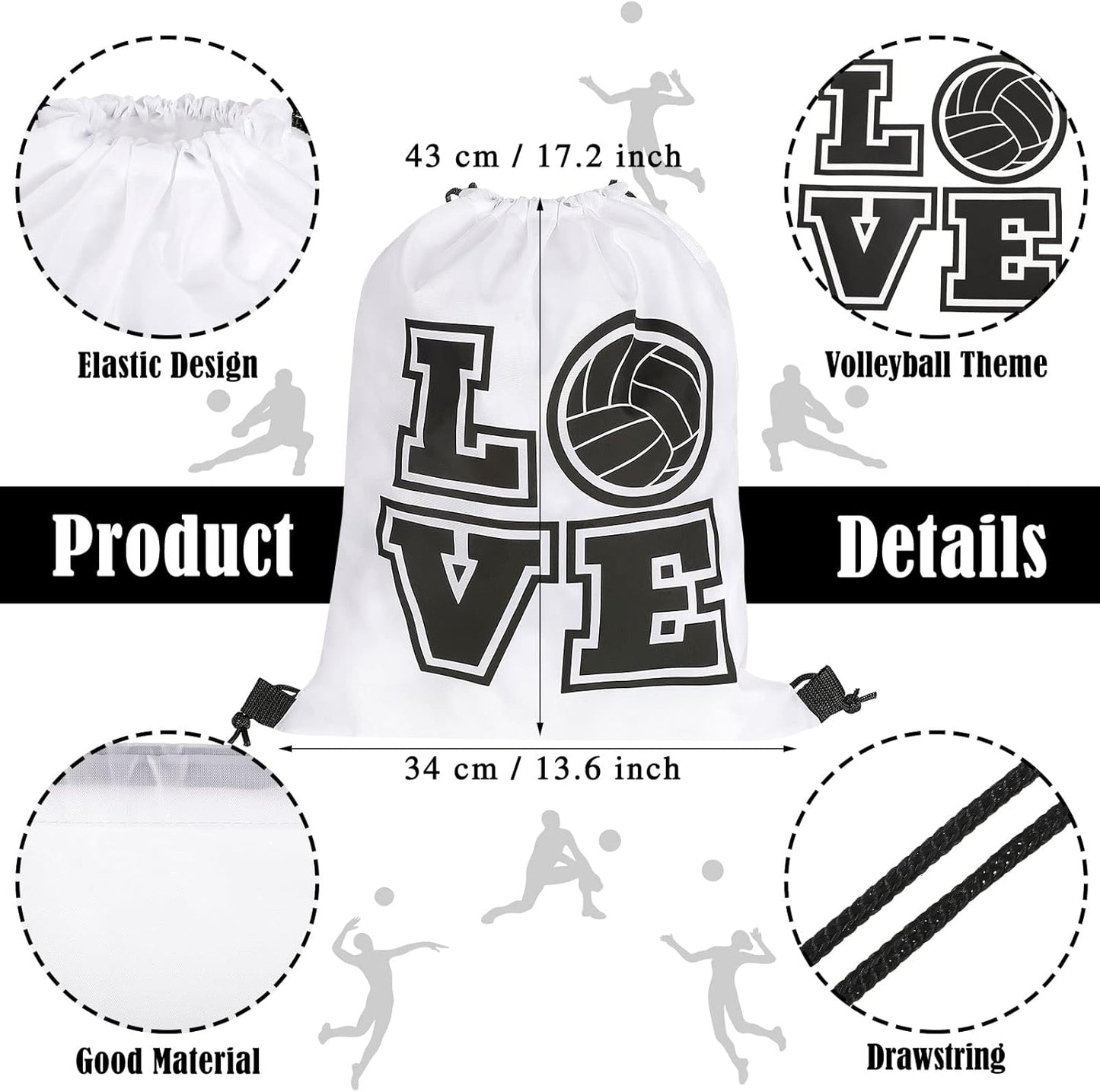 6 Pcs 17.2 Inch Volleyball Bags Gifts Volleyball Drawstring Backpack Sport Party Favors for Women Men(White)