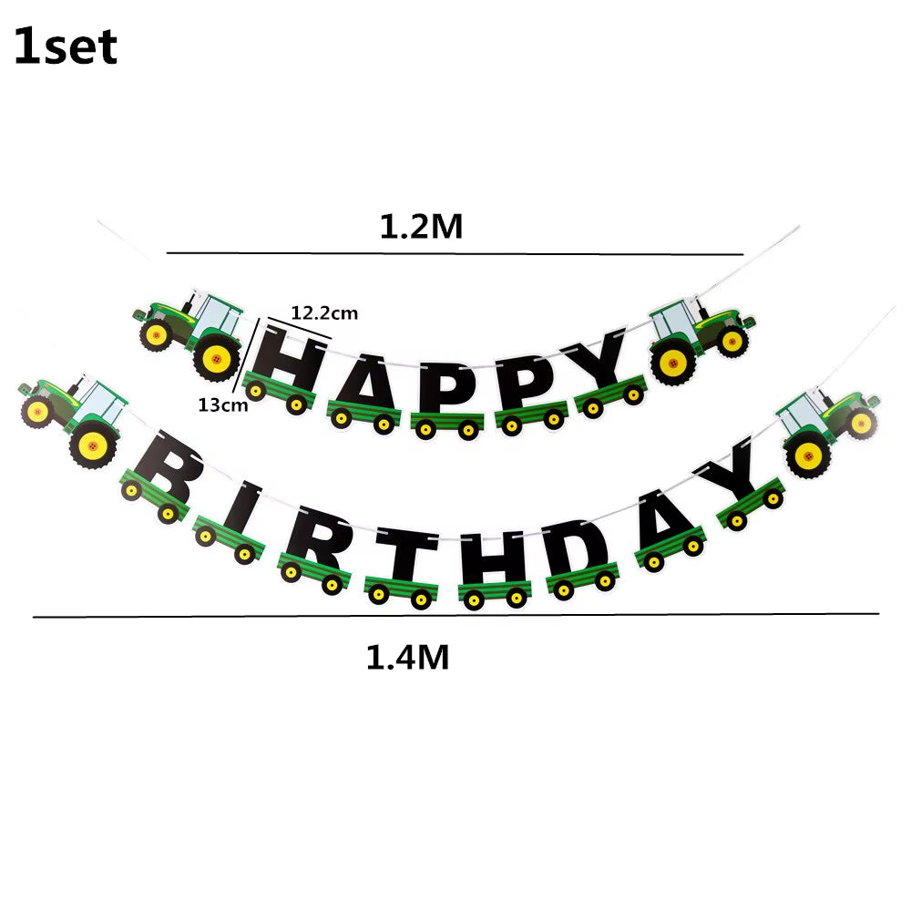 Farm Theme Green Tractor Inflatable Balloons Cake Topper Happy Birthday Party Decoration Kids Birthday Excavator Vehicle Banner