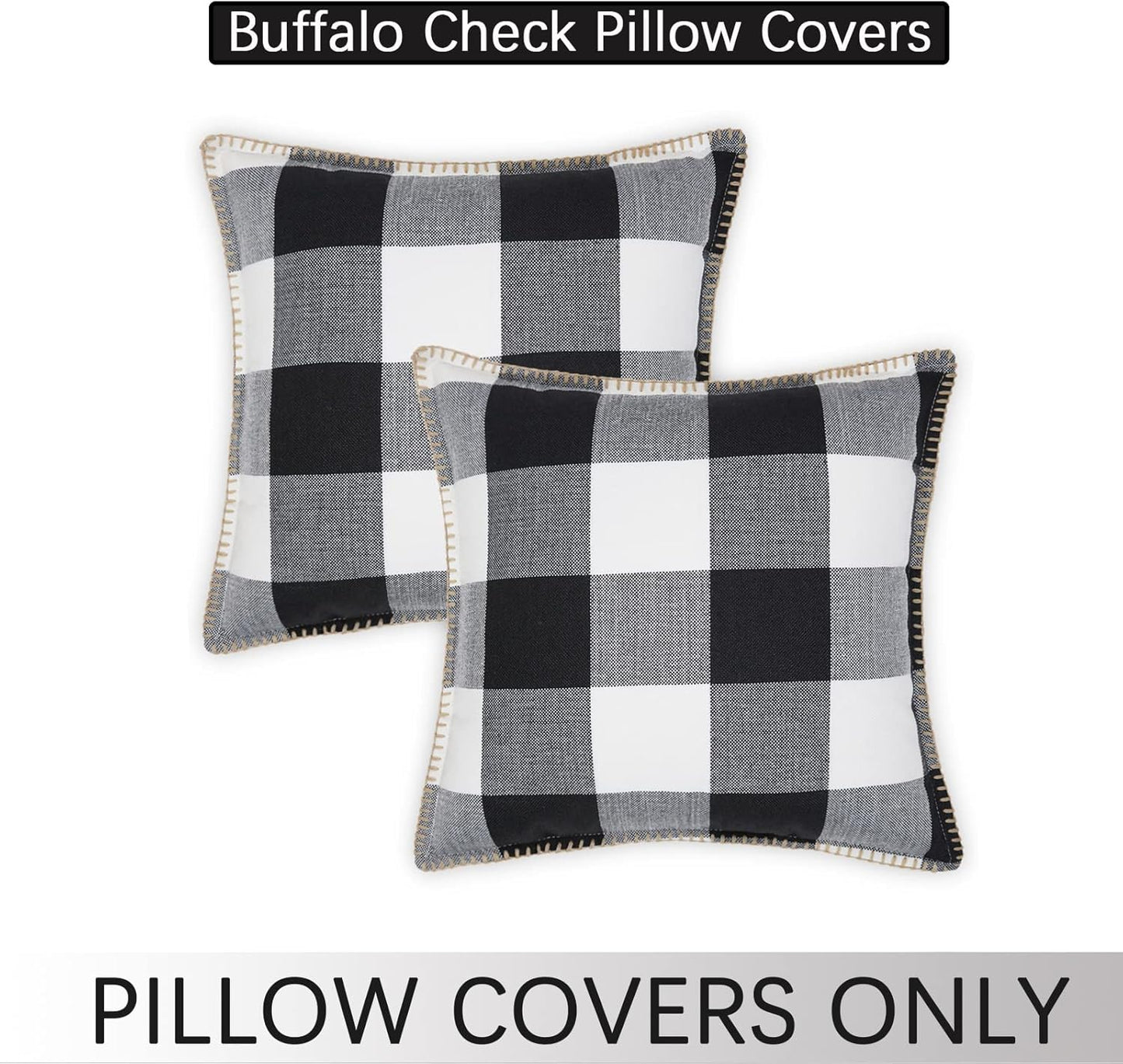 Buffalo Plaid Check Spring Throw Pillow Covers 20X20 Set of 2, Outdoor Decorative Farmhouse Pillow Covers with Stitched Edge for Bed Couch Sofa, Black and White