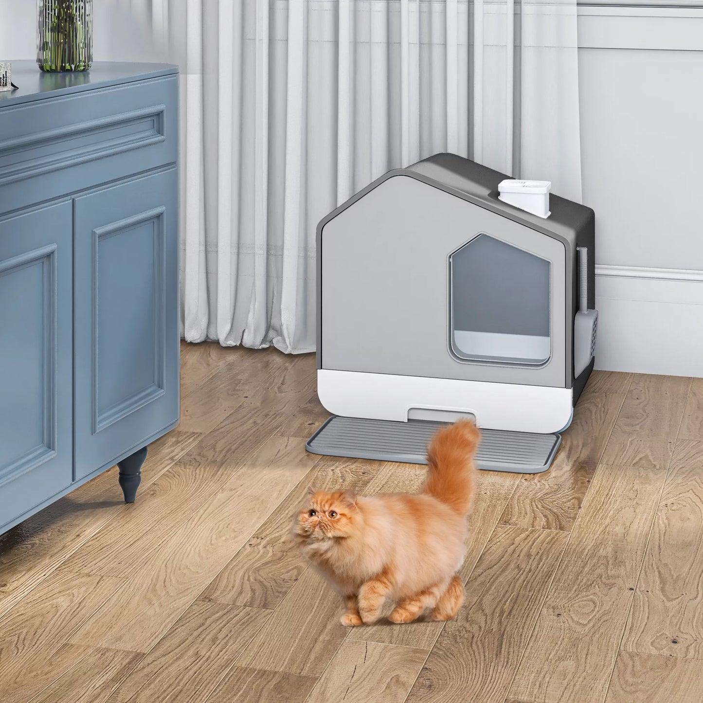 Extra Large Enclosed Cat Litter Box with Mat and Scoop,Odor-Free Enclosed Hooded Large Cat Toilet, No Assembly Required and Easy Cleaning,Gray