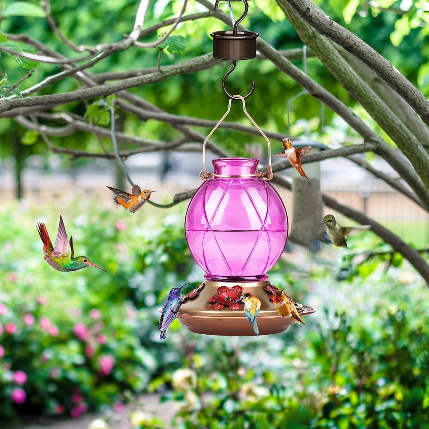 Hummingbird Feeder, Glass Hummingbird Feeder for Outdoors, Netted Texture Ball Shape Bottle, 20 Ounces, Lavender