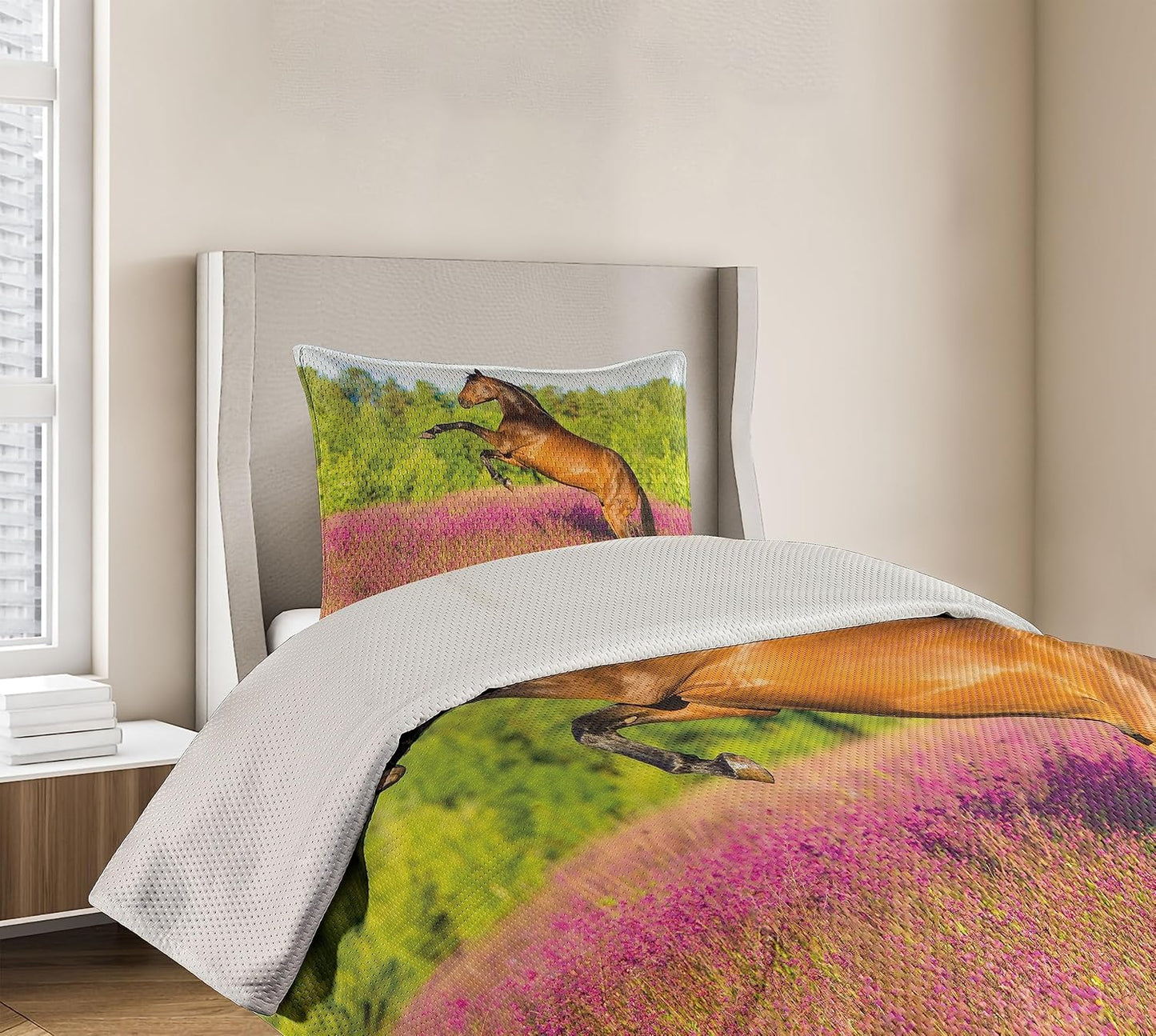 Horse Coverlet, Strong Bay Horse Rearing in Blossoming Rural Summer Field Trees, 2 Piece Decorative Quilted Bedspread Set with 1 Pillow Sham, Twin Size, Pink Brown