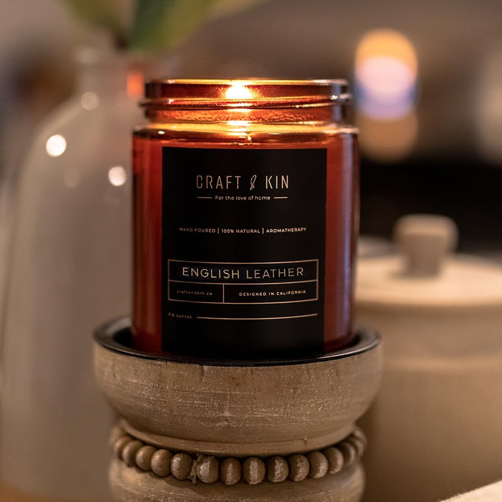 English Leather Scented Candles for Men & Women | Soy Candles for Home Scented,Leather Candle, Men Candles for Bedroom, 8 Oz 45 Hour Burn Long Lasting Candles, Masculine Candle, Mens Candles for Home