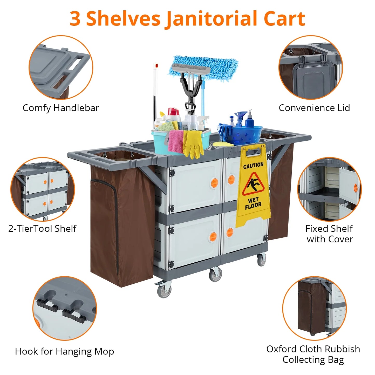 Commercial Janitorial Cart with Cabinet, Hotel Cart Housekeeping Room Service Cart Hand Push Utility Cart