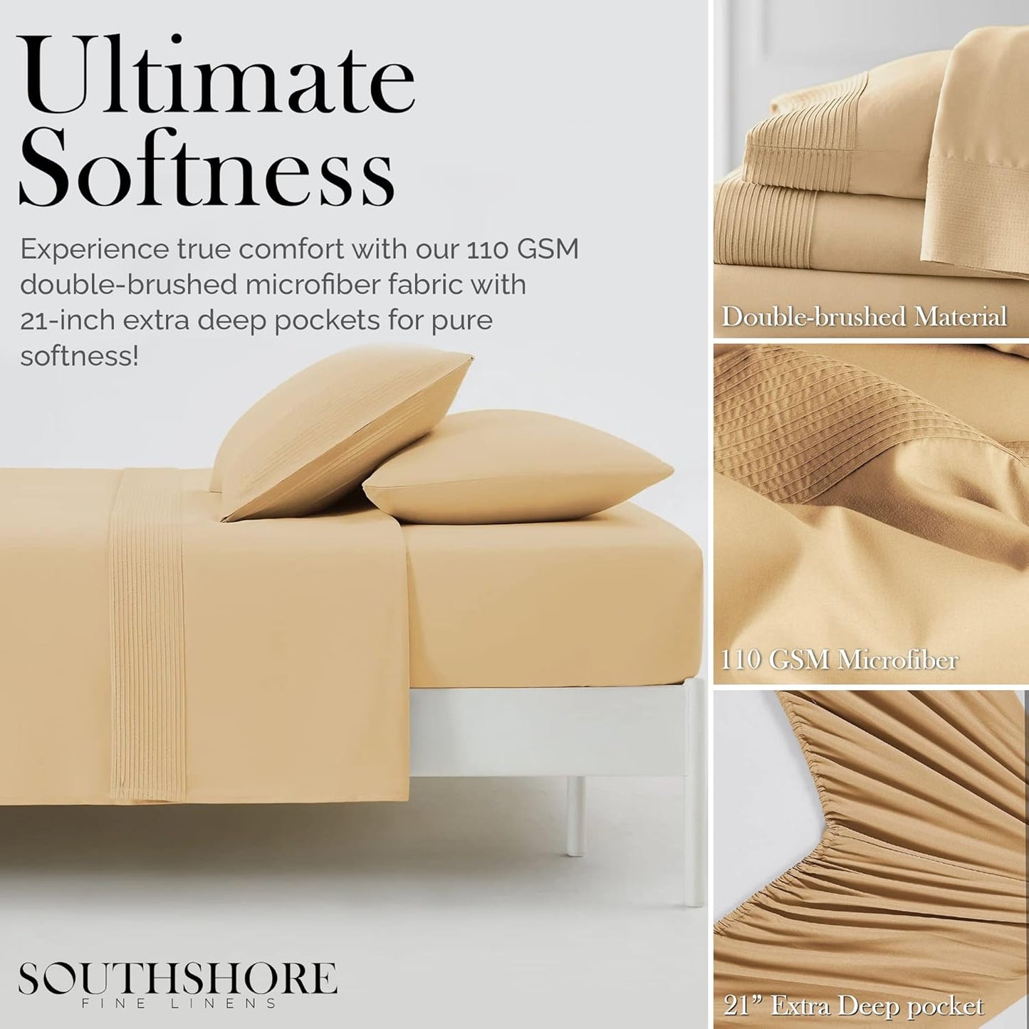 Deep Pocket Twin XL Sheet Set with 21" Deep Twin XL Fitted Sheet, with 1 Pillow Case Standard Size | Hotel Luxury Quality | Easy Care, No-Shrink Microfiber Sheets | Gold